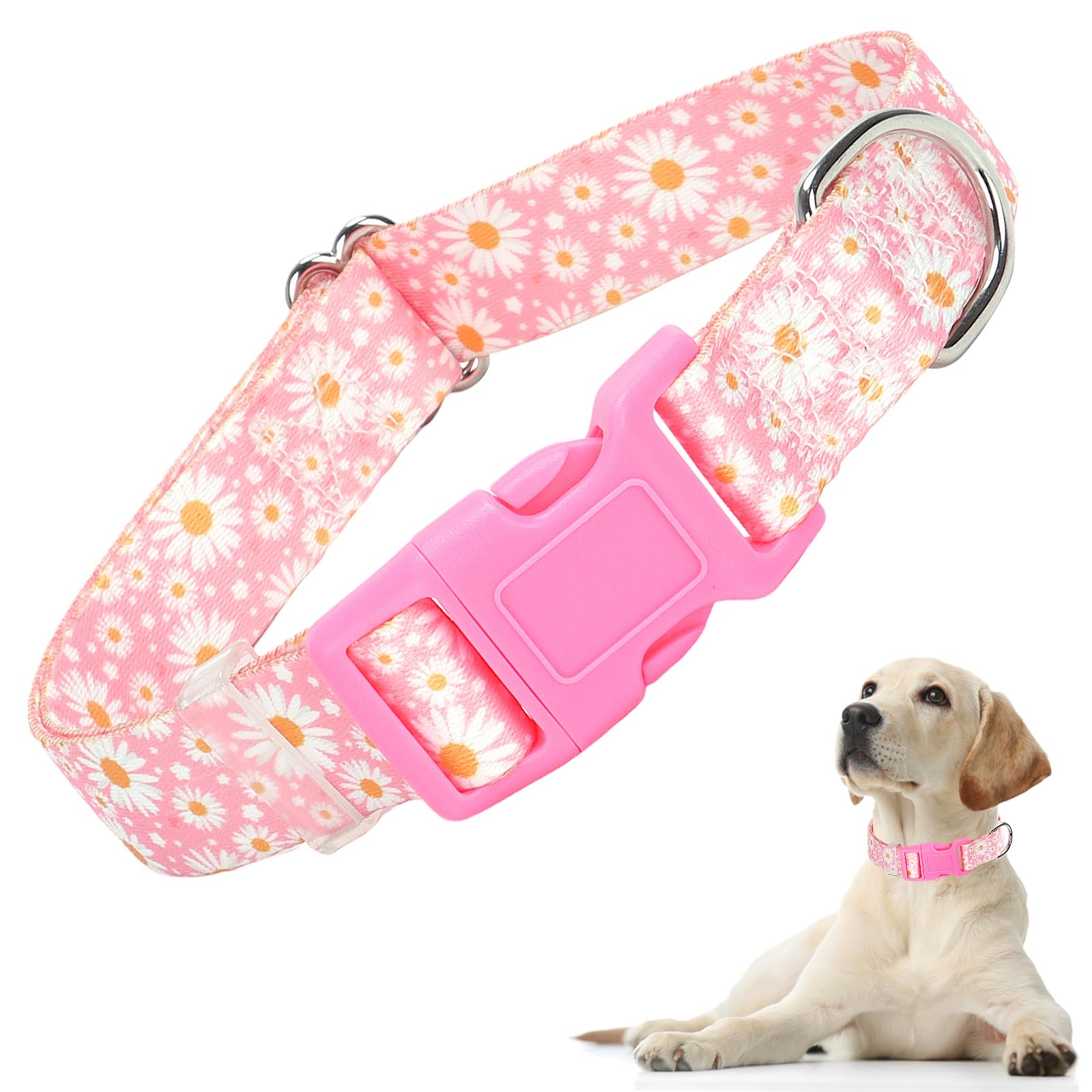 Pink Dog Collars for Medium Dogs, Girl Dog Collars with Hot Daisy Flowers, Adjustable Comfy Soft Pet Collar with Safety Bu...