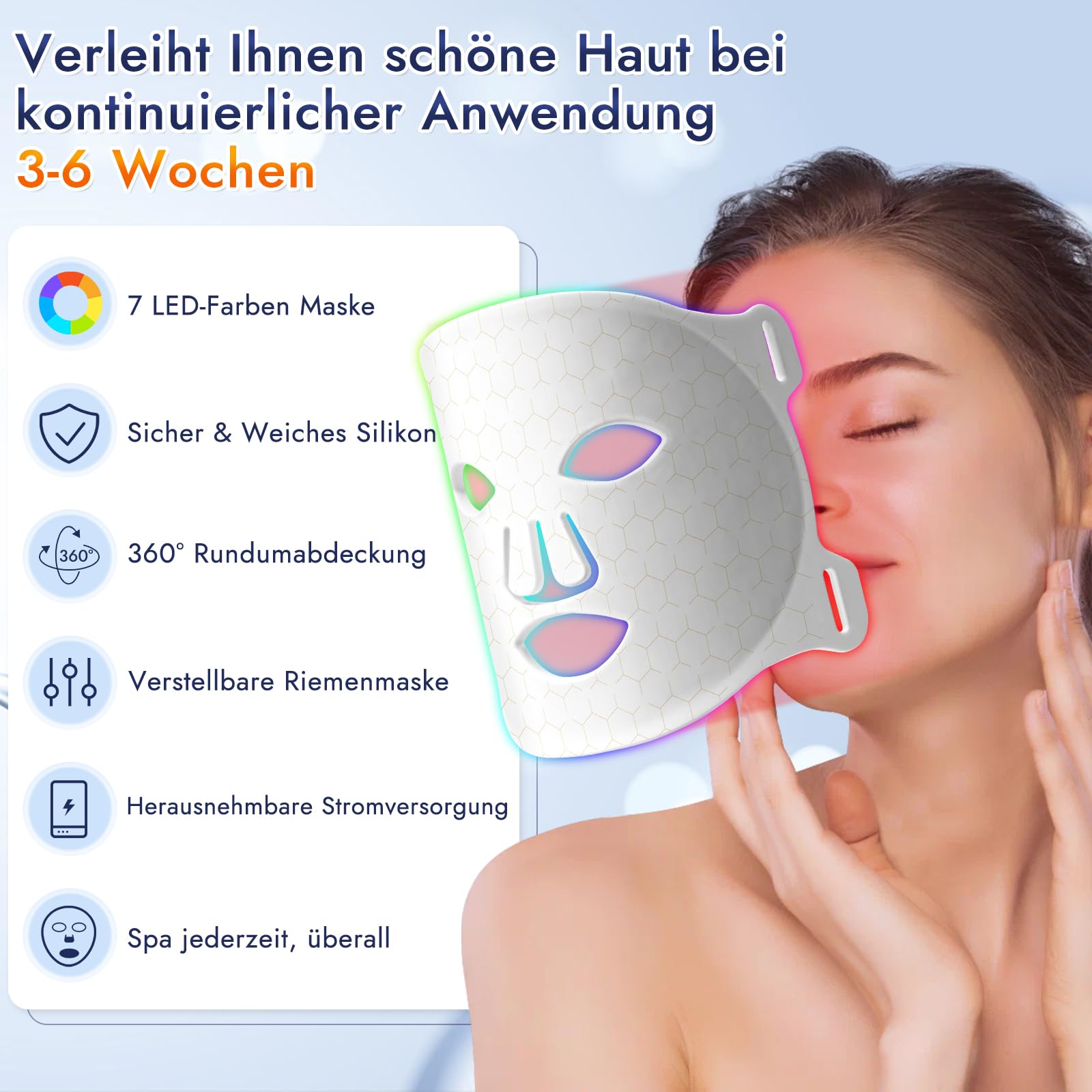 Rotlicht Mask Gesicht, Rotlichtlampe LED Maske Gesicht 7 FarbenLichtmaske mit 270 Perlen, Wiederaufladbare LED Maskes Gesichts für Gesichtsschönheit, Anti-Aging, Verjüngung (Weißes)