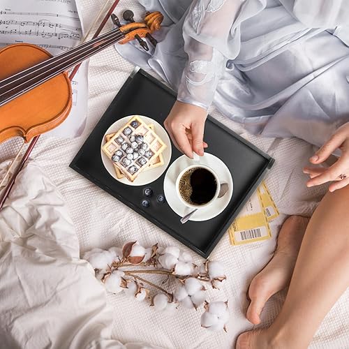 Miniatura 6 de Lawei Paquete de 2 bandejas negras para servir con asas, bandeja de comida de cocina de bambú para comer, bandeja rectangular para servir