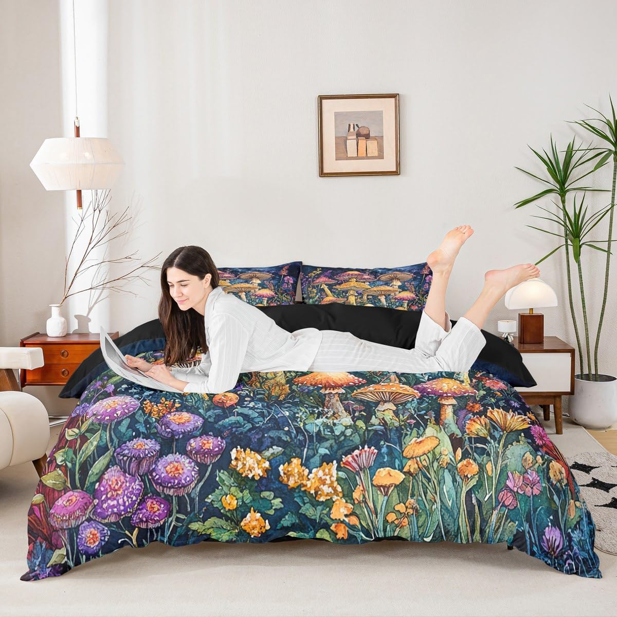 Watercolor Mushroom Duvet Cover Set Toddler Size,Hippie Groovy Flowers Floral Reversible Quilt Cover for Kids Boys Girls Plant Galaxy Sky Yellow Purple Bedding Set with 1 Pillowcase,No Comforter
