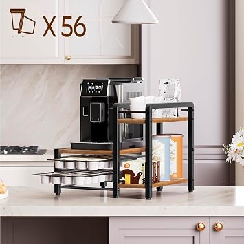 Coffee Pod Drawer Holder, Holder for K Cup, Coffee Pod Organizer with 2-Tier Sliding Storage Drawer and Countertop, 56 Pods Capacity, Rustic Brown and Black KH01BR