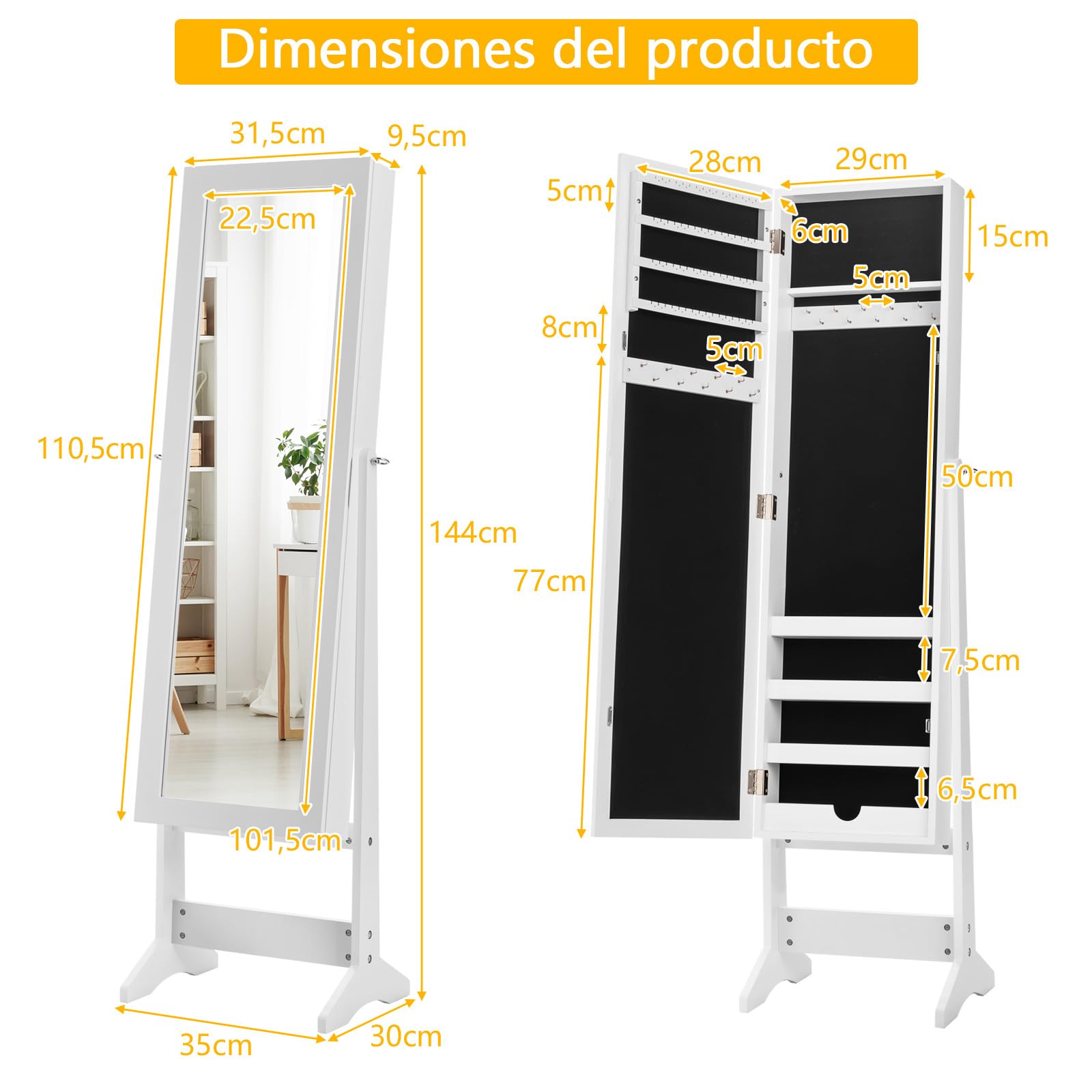 RELAX4LIFE Armario para Joyas con Patas, Joyero con Espejo de Cuerpo Entero Ajustables en 4 Ángulos, Organizador de Joyas con Puerta Magnética para Pendientes, Collares y Anillos (Blanco)