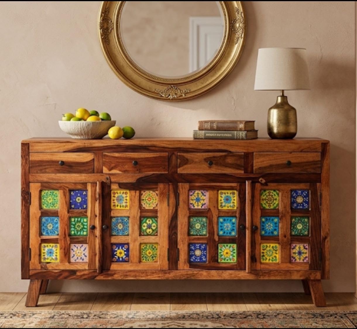 Sheesham Wood Sideboard Cabinet with Handcrafted Ceramic Tile Inlay | Wooden Storage Console Table with 4 Doors & 4 Drawers |Rustic Buffet Cabinet for Living Room, Dining Room & Entryway Honey Finish-image-13