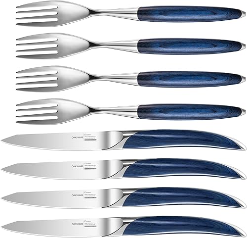 OAKSWARE Juego de 8 cuchillos para carne y tenedores de cena, vajilla alemana de acero inoxidable, cubiertos para cocina, pulido con espejo, mango