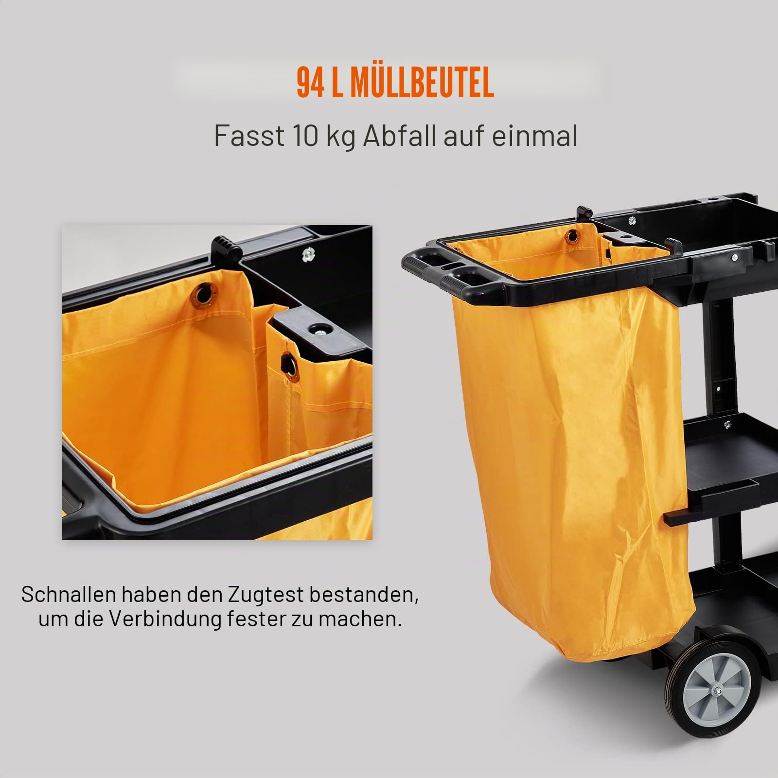 VEVOR Reinigungswagen Putzwagen 3 Fächer 90,7 kg Tragfähigkeit Schwarz PP inkl. PVC-Müllsack & Handschuhe