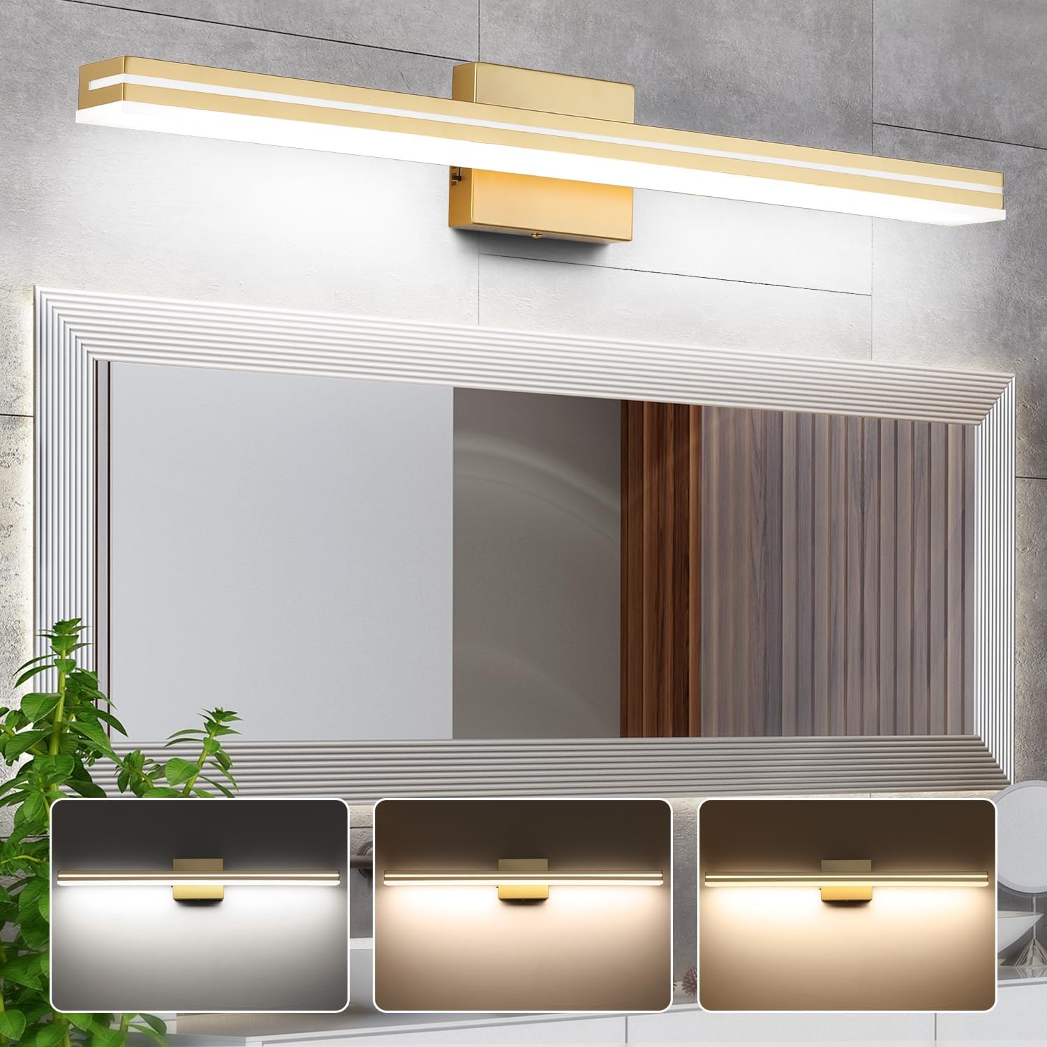 LED Modern Bathroom Vanity Light Fixtures (32-Inch, 3000K/4000K/6000K, Dimmable), Gold Modern Acrylic Bathroom Wall Lighting Fixtures Over Mirror Gold 32-Inch