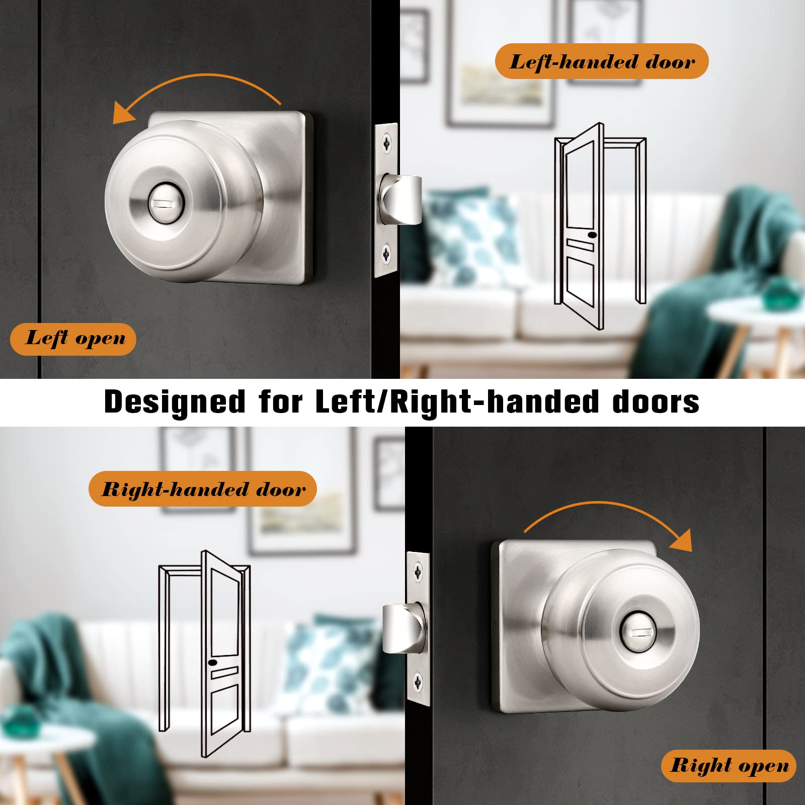 Probrico Pomos cuadrados de níquel cepillado, pomos de puerta de privacidad para dormitorio y baño, manijas de puerta interiores de acero inoxidable, pomos de puerta modernos con roseta cuadrada,