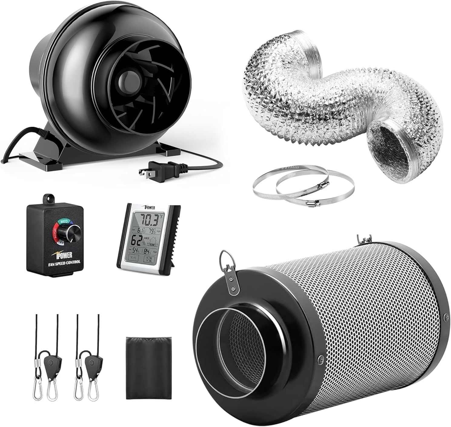 iPower 4 Inch 195 CFM Inline Fan Circulation Vent Blower, Upgrade 4" Air Carbon Filter with Prefilter and 8 Feet Aluminum Ducting, for Grow Tent Hydroponics Ventilation