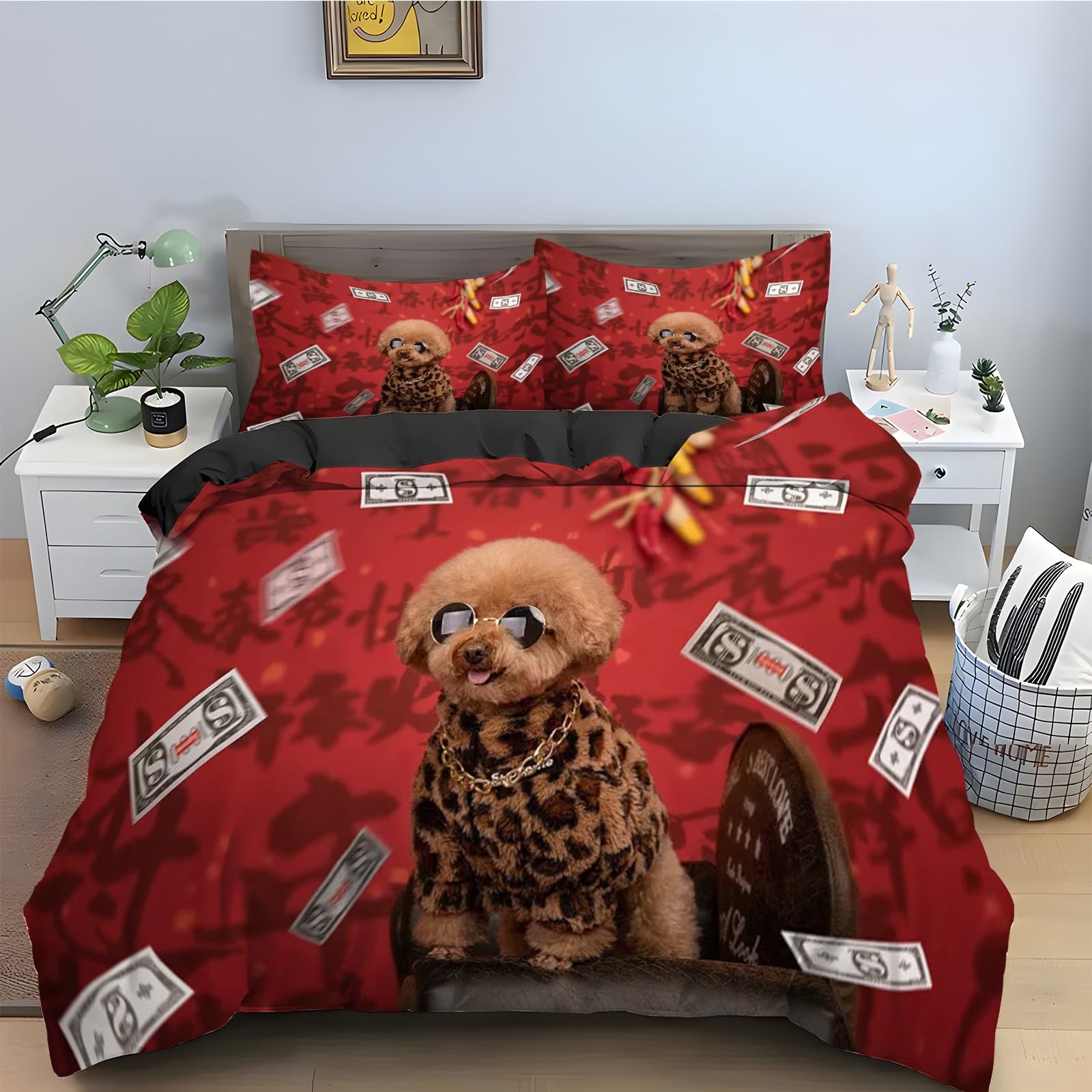 Housse de couette 160x200 Caniche ensemble literie 3 pièces avec taies d'oreiller dollars
