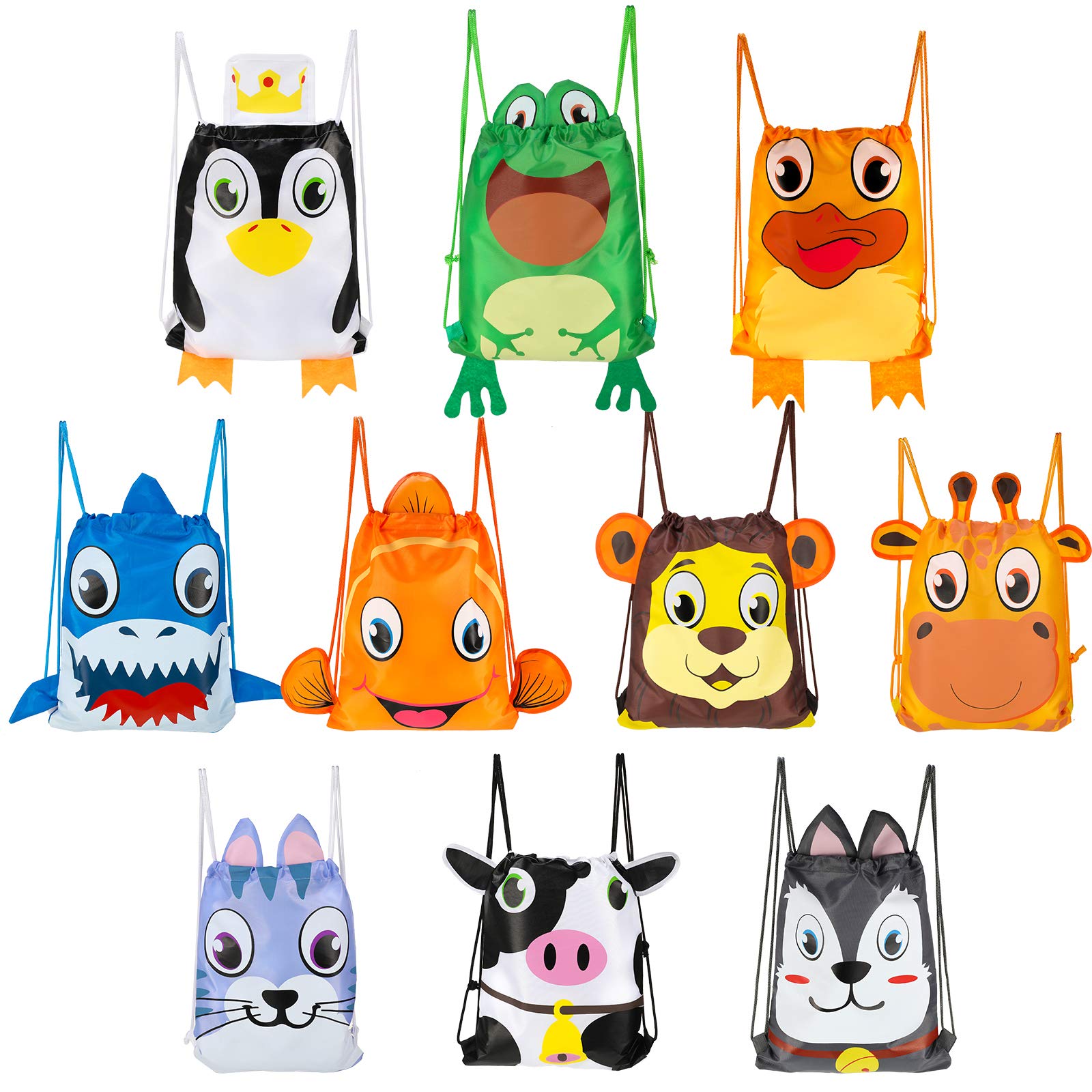 10 Pcs Animal Drawstring Bags for Kids Party Favors 12 x 10 Drawstring Backpack Cute Safari Sea Jungle Farm Forest Animal with Ear and Tail Bags for Birthday Party Decorations Gym Traveling