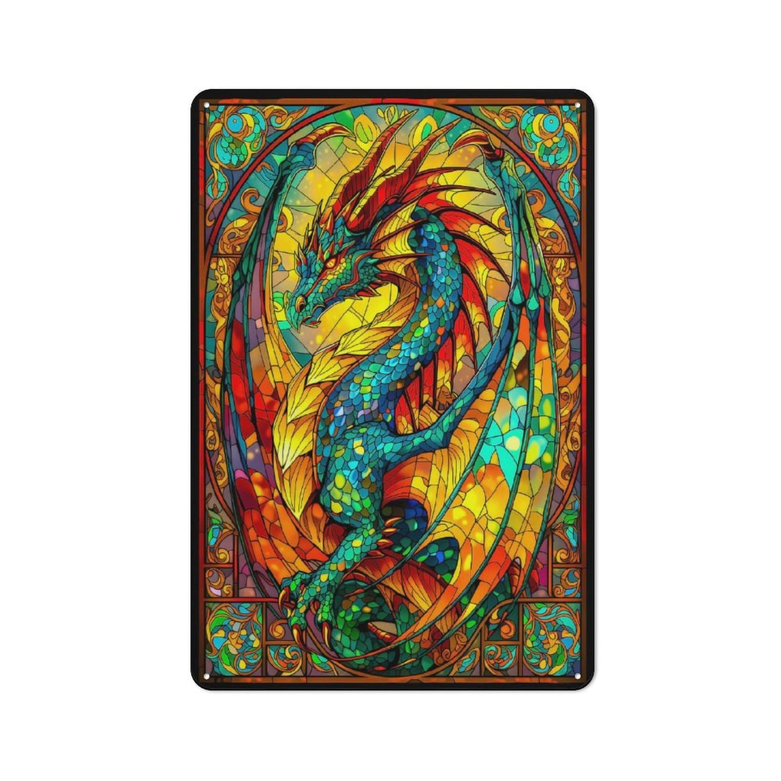 Garage Style Stained Glass Dragon Decorative Metal Plaque 30x20cm, Garage Wall Decor for Workshop, Basement, Shed Or Games Room
