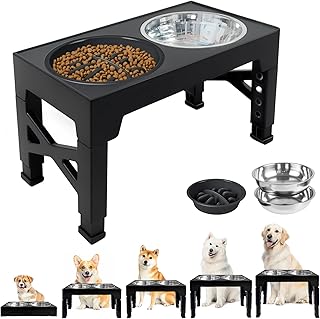Erhöhte Hundenäpfe 5 Höhen verstellbar (8cm,22cm,25cm,28cm,31cm), mit 2 Edelstahlschüsseln und 1 Slow Feeder-Schüssel für kleine, mittelgroße und große Hunde, Rutschfester Hundenapf, BPA frei Plastik