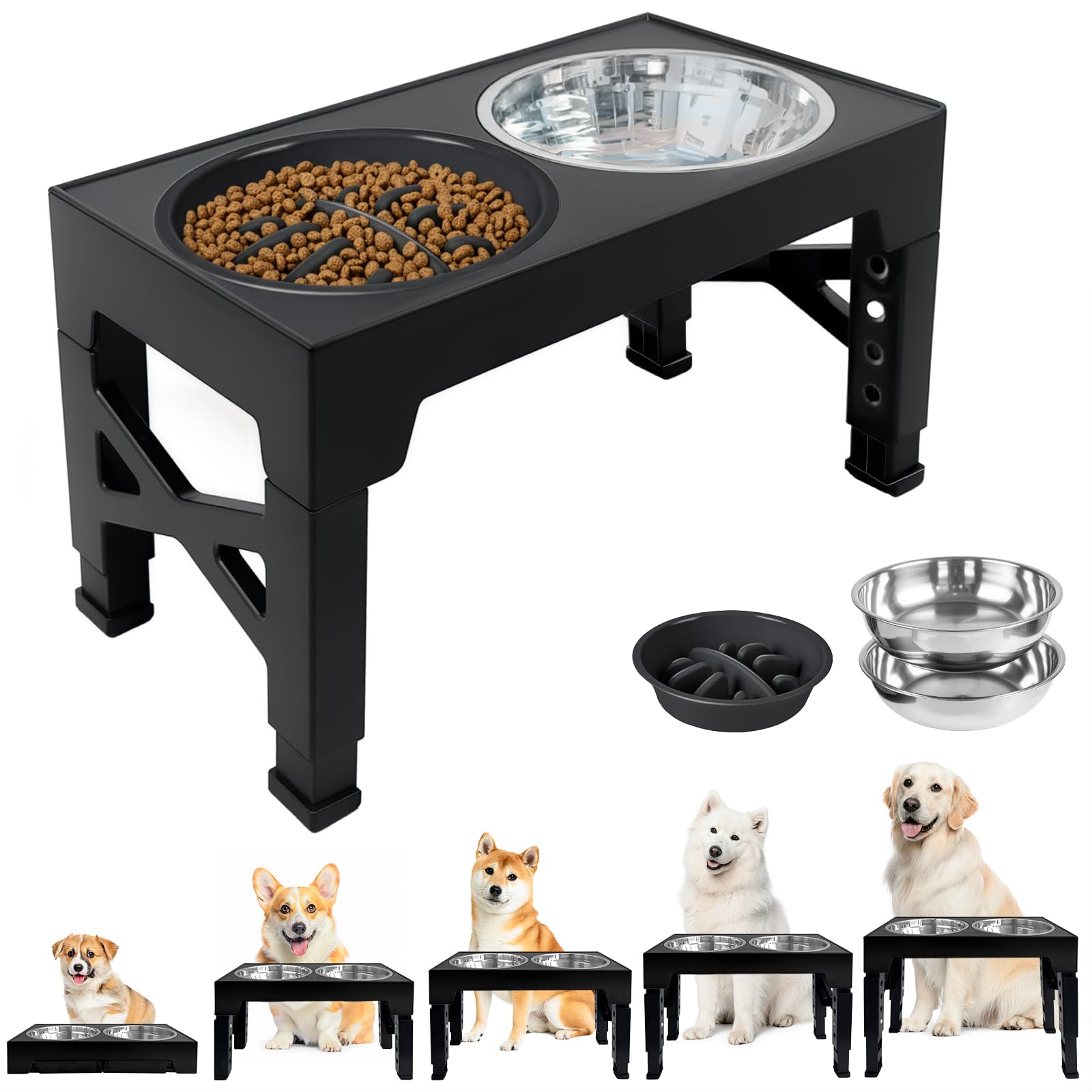 Erhöhte Hundenäpfe 5 Höhen verstellbar (8cm,22cm,25cm,28cm,31cm), mit 2 Edelstahlschüsseln und 1 Slow Feeder-Schüssel für kleine, mittelgroße und große Hunde, Rutschfester Hundenapf, BPA frei Plastik
