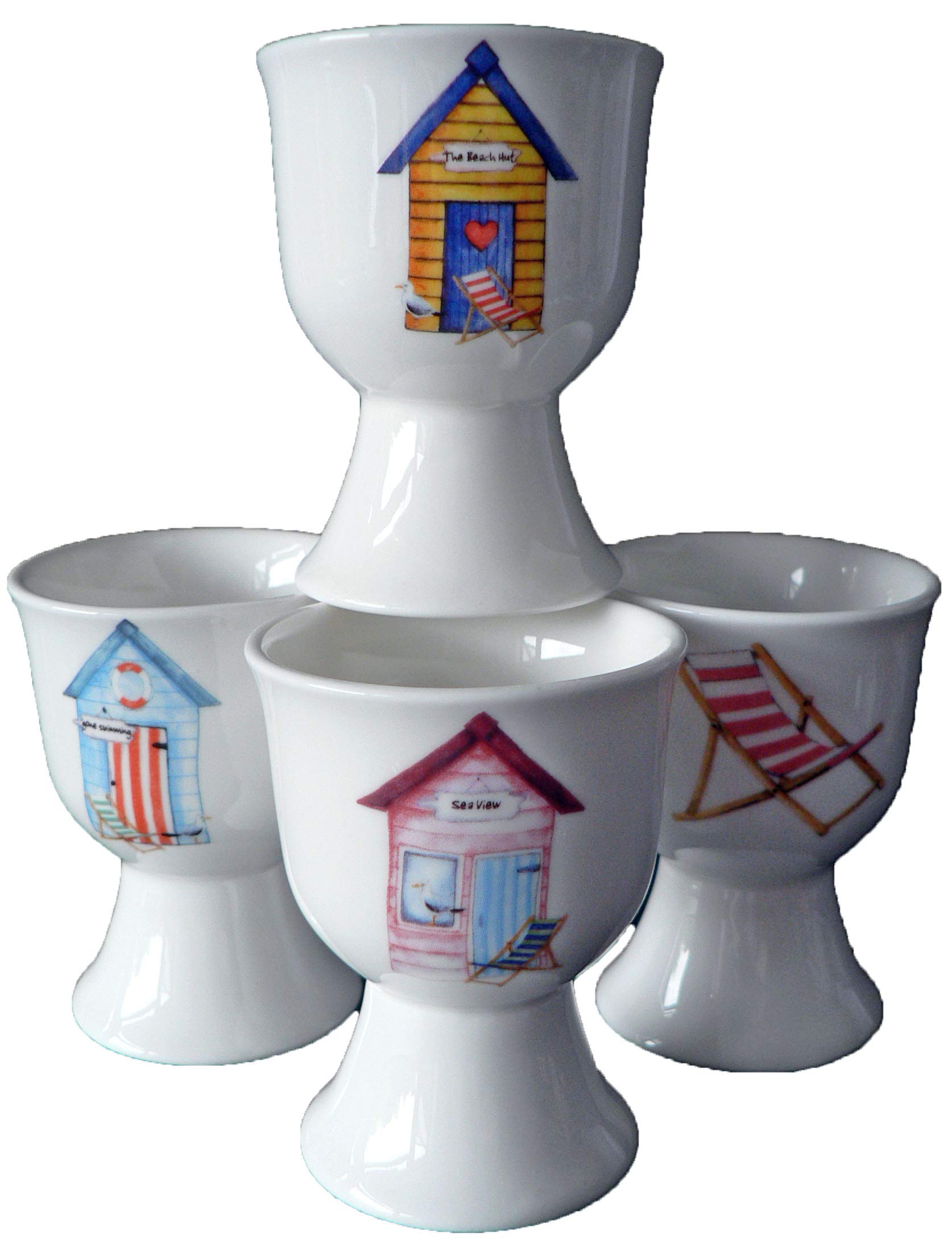 crackinchinaBeach Hut egg cups eggcup porcelain set of 4 boxed