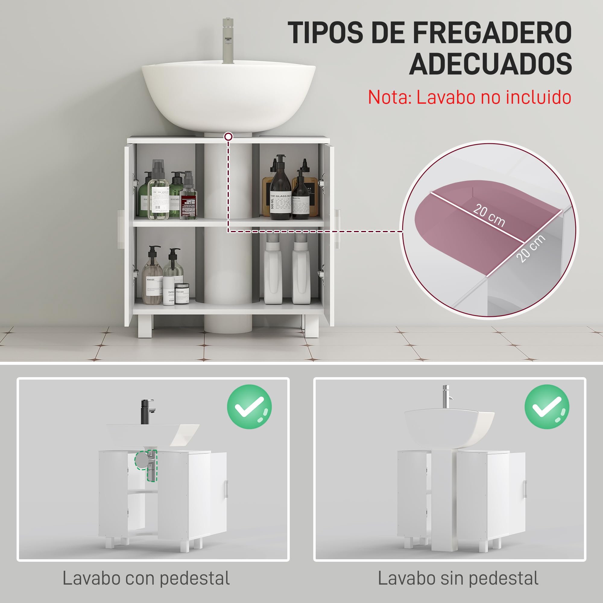 HOMCOM Mueble para Debajo del Lavabo Mueble bajo Lavabo Mueble de Lavabo con Pie con 2 Puertas 2 Estantes y Sistema Antivuelco para Cuarto Baño 60x35x60 cm Blanco