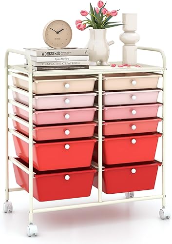 Miniatura 24 de LDAILY Carrito de almacenamiento con ruedas de 9 cajones, carrito rodante con cajones para aula, organizador de manualidades con ruedas con marco de