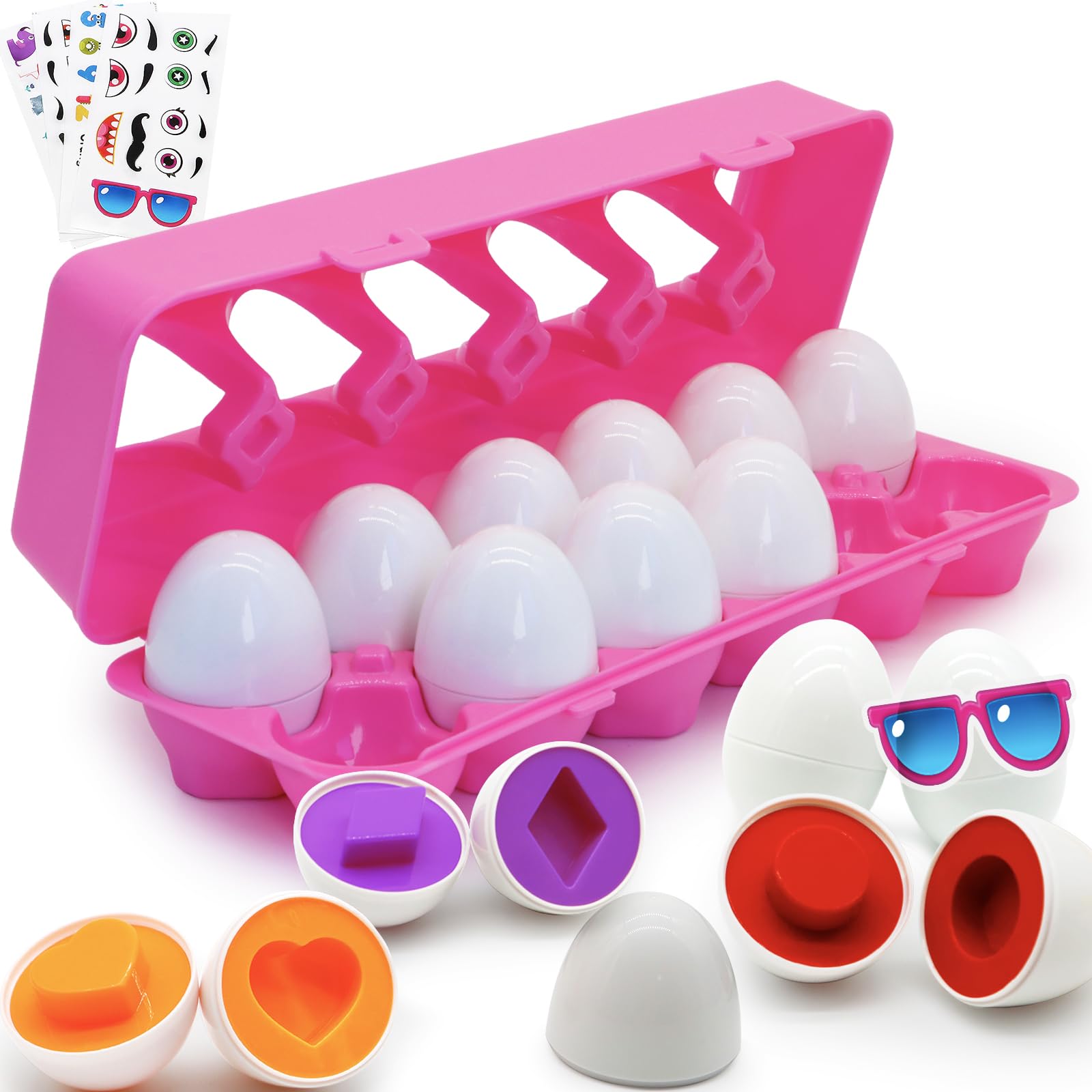 Wanonoo 12 Pcs Set Matching Toy Eggs for Toddlers, Montessori Toys for 1 2 3 Year Old Baby Girls STEM Gifts, Learning Educational Color Shape Sorter Puzzle Sensory Baby Toys 12-18 Months Kids 1-2 Pink