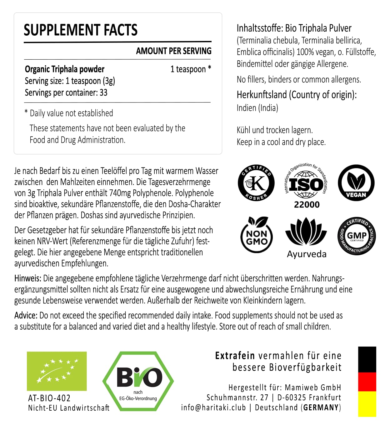 Polvere biologica Triphala | qualità premium – macinato extra fine | testato di laboratorio e certificato biologico | Haritaki, Bibhitaki, Amalaki (Amla) | Ayurveda