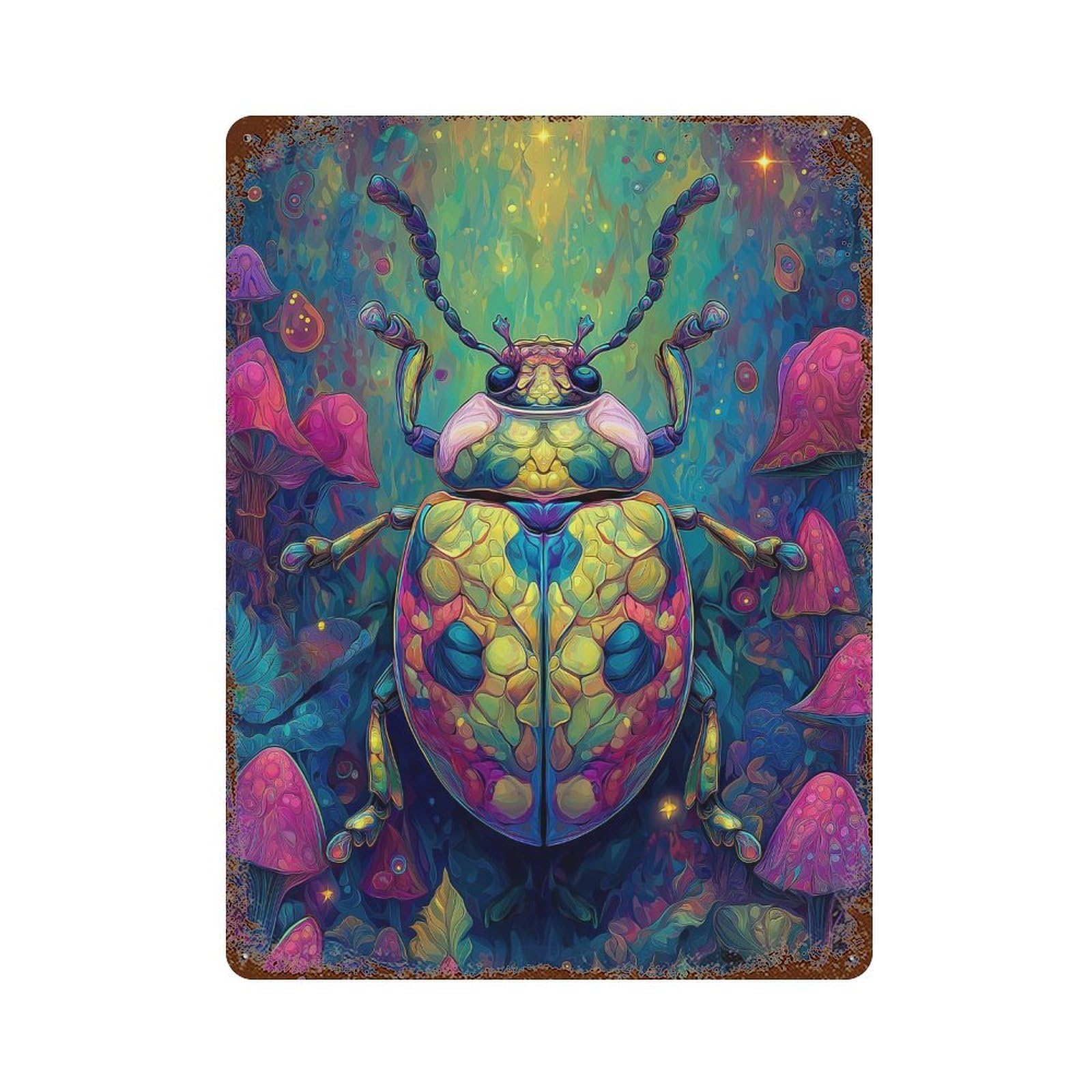 Psychedelic Beetle Art Print Rusty Metal Tin Sign 15.7"x11.8", for Pub, Kitchen And Man Cave Decor, Farmhouse Wall Decor