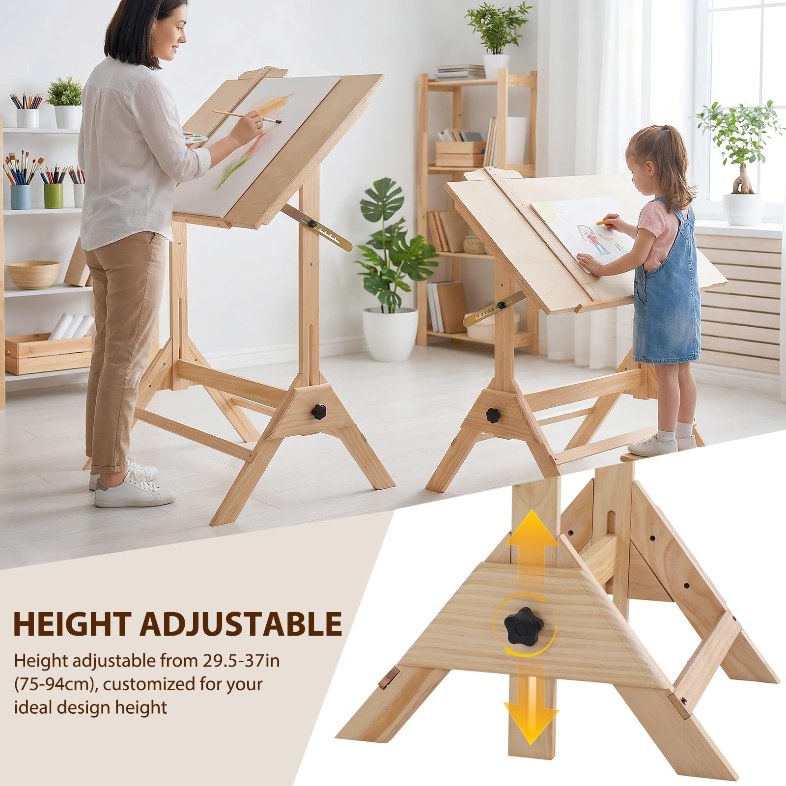 Tavolo da architetto inclinabile in legno, scrivania regolabile in altezza, tavolo da studio 60 x 90 cm per architetti e tecnici