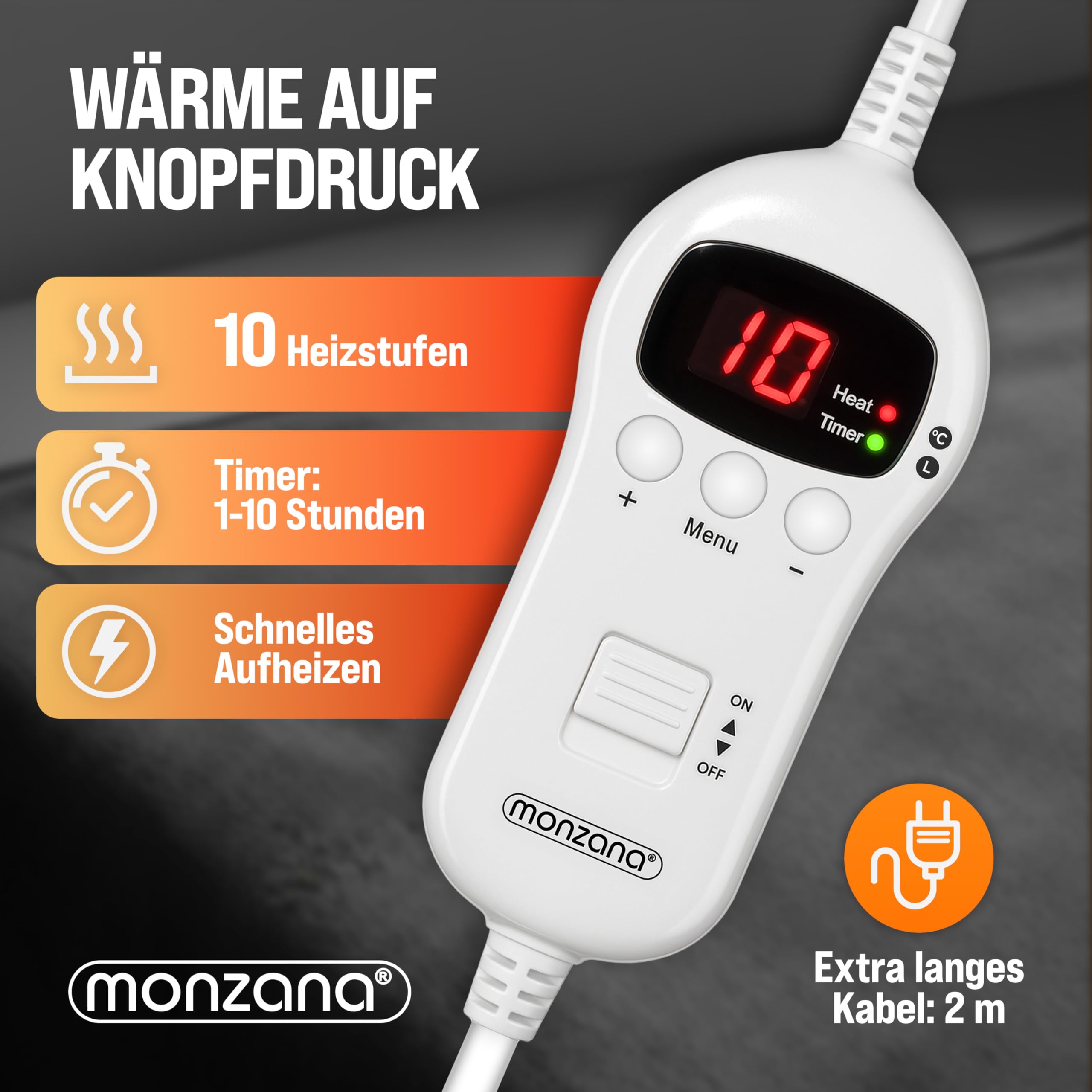 Monzana® Elektrische Heizdecke 180x130cm 120W 10 Heizstufen 10h Timer Abschaltautomatik Überhitzungsschutz waschbar Fleece Wärmedecke für Bett schwarz