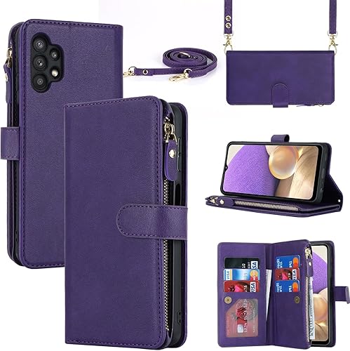 iCoverCase Funda tipo cartera para Samsung Galaxy A32 5G con tarjetero para mujer, correa cruzada con cordón, funda de piel sintética con bolsillo