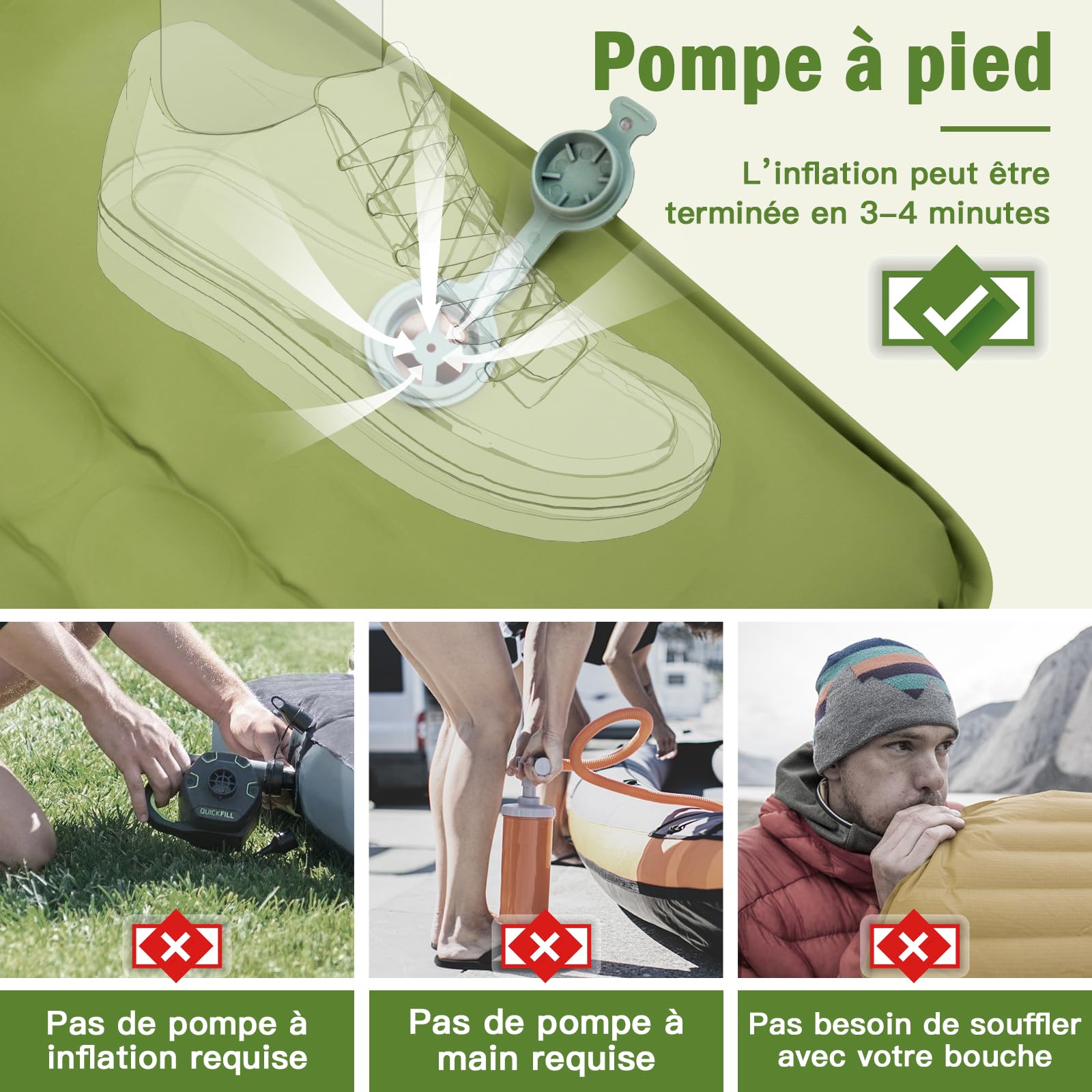 Matelas Autogonflant,Matelas Camping,Matelas Gonflable 1 Place,12cm D'épaisseur,Matelas Trekking,Randonnée Ultra Léger,Portable avec Oreiller Int égré et Pompe à Pied (Vert 2 Place)