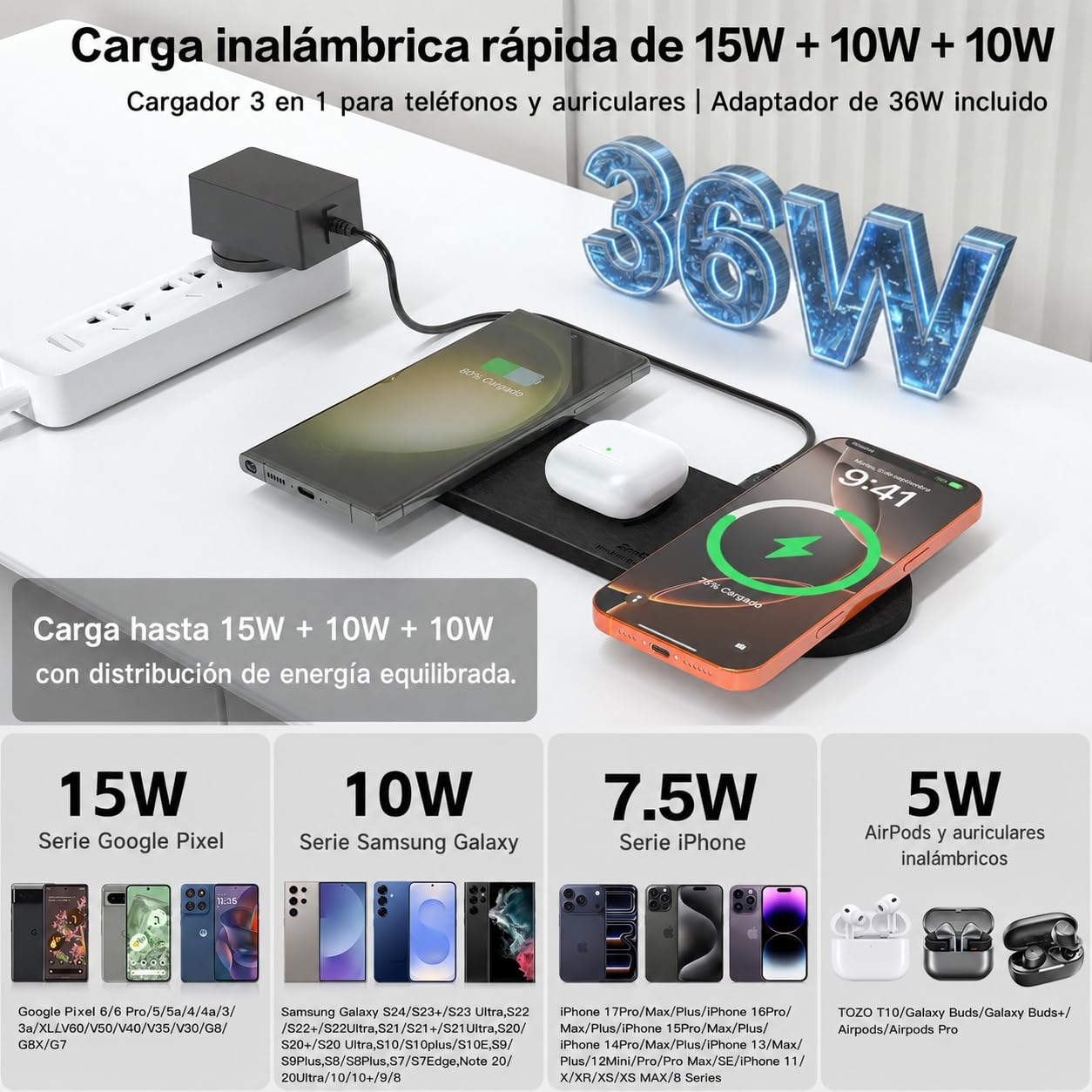 ZealSound Cargador Inalámbrico 3 en 1, 3 Dispositivos, iPhone y Samsung