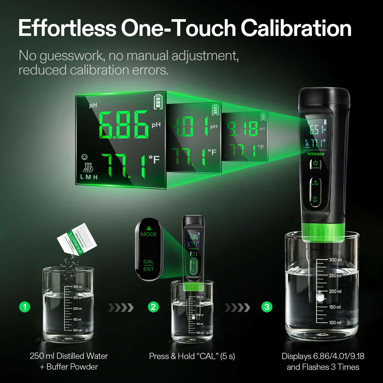 VIVOSUN Aerolab Digital pH Meter Kit ±0.01 Hohe Genauigkeit Wasserdichter pH-Tester Stift mit Austauschbarer Sonde LCD Display Auto Temperaturkompensation Kalibrierpulver für Hydroponik Gartenarbeit