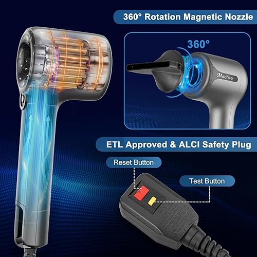 Miniatura 7 de Secador de pelo con difusor, secador iónico con motor sin escobillas de alta velocidad para secado rápido, secador de pelo profesional de bajo ruido