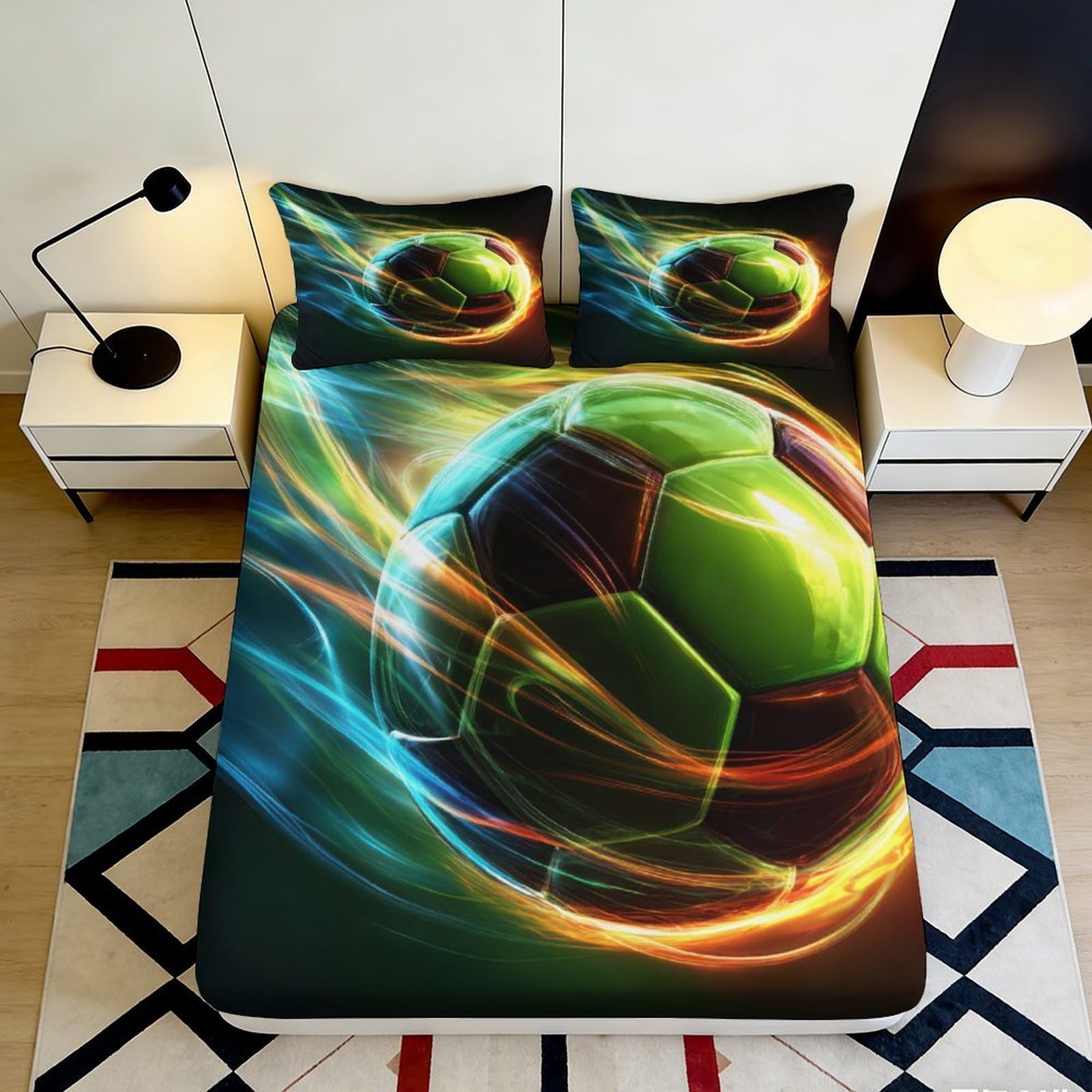 Jqzkxnhpbr Style-7 3D Printed Neon Football Fitted Sheet Microfiber Soft Breathable Soccer Bed Cover For Bedroom Guest Room Decor 90X200x25cm
