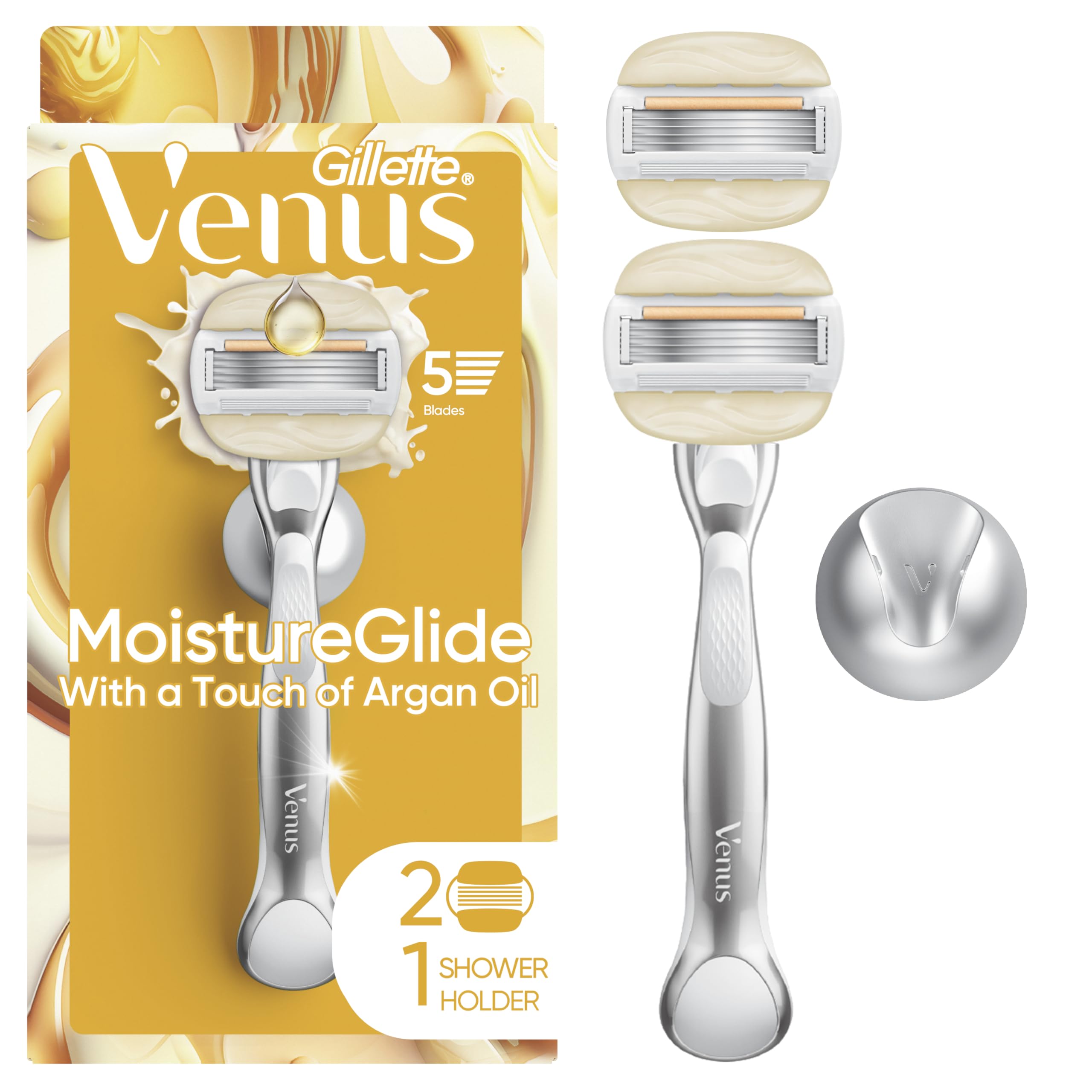 Gillette Venus Moistureglide for Women, Women's Razor with Metal Handle and Shower Holder, Includes 1 Reusable Handle + 2 5-Bladed Refills with Built-in Shave Gel Bars