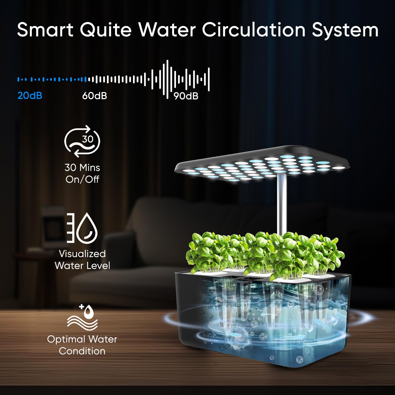 Sonicgrace Système de culture hydroponique d'intérieur avec lampe de croissance LED, pompe à eau intelligente silencieuse, 5 gousses, minuterie automatique, parfait pour les herbes, les légumes et les