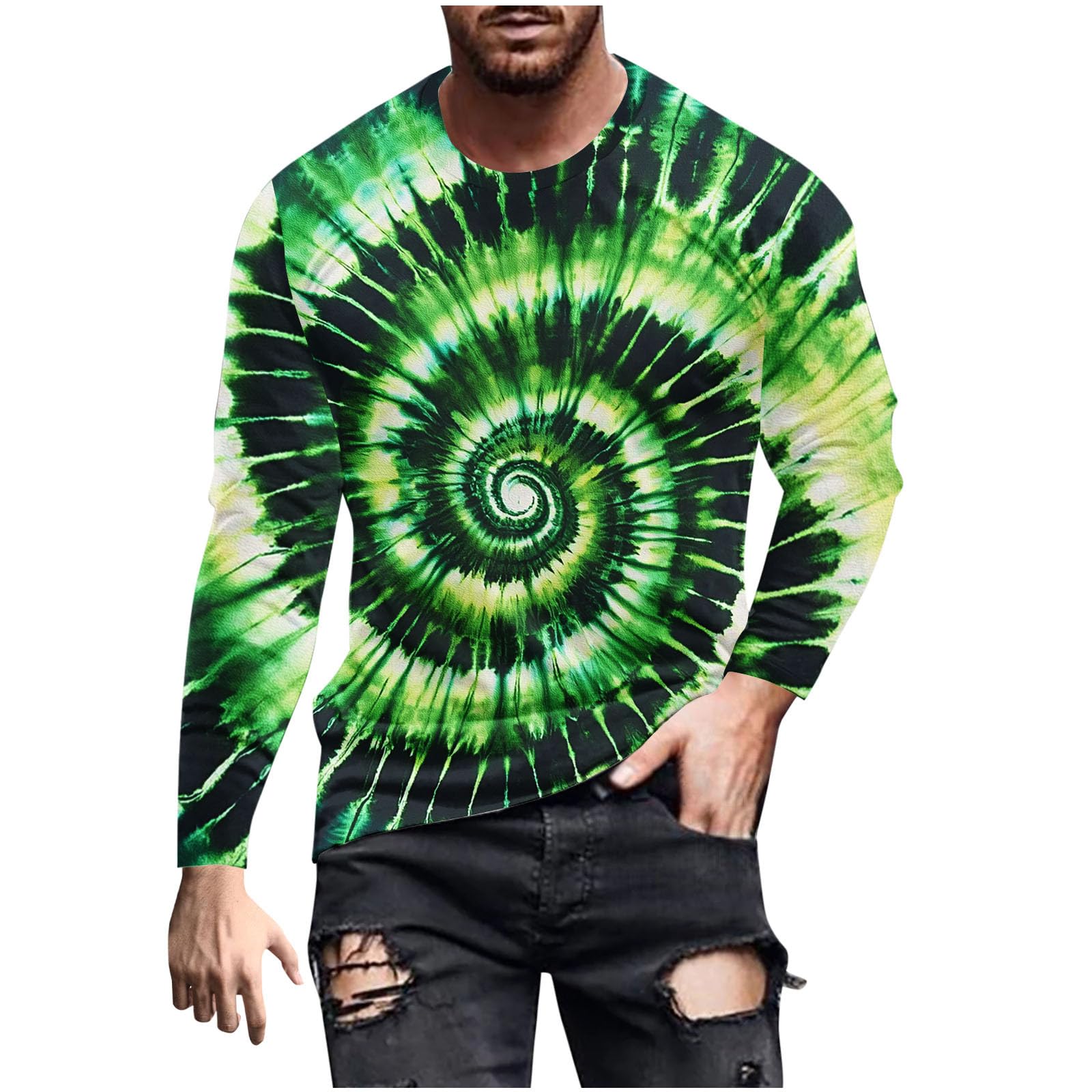 Long Sleeve T Shirts Mens Tie Dye Slim Fit Novelty Printed Tee Trendy Tshirt Fall Casual Crew Neck