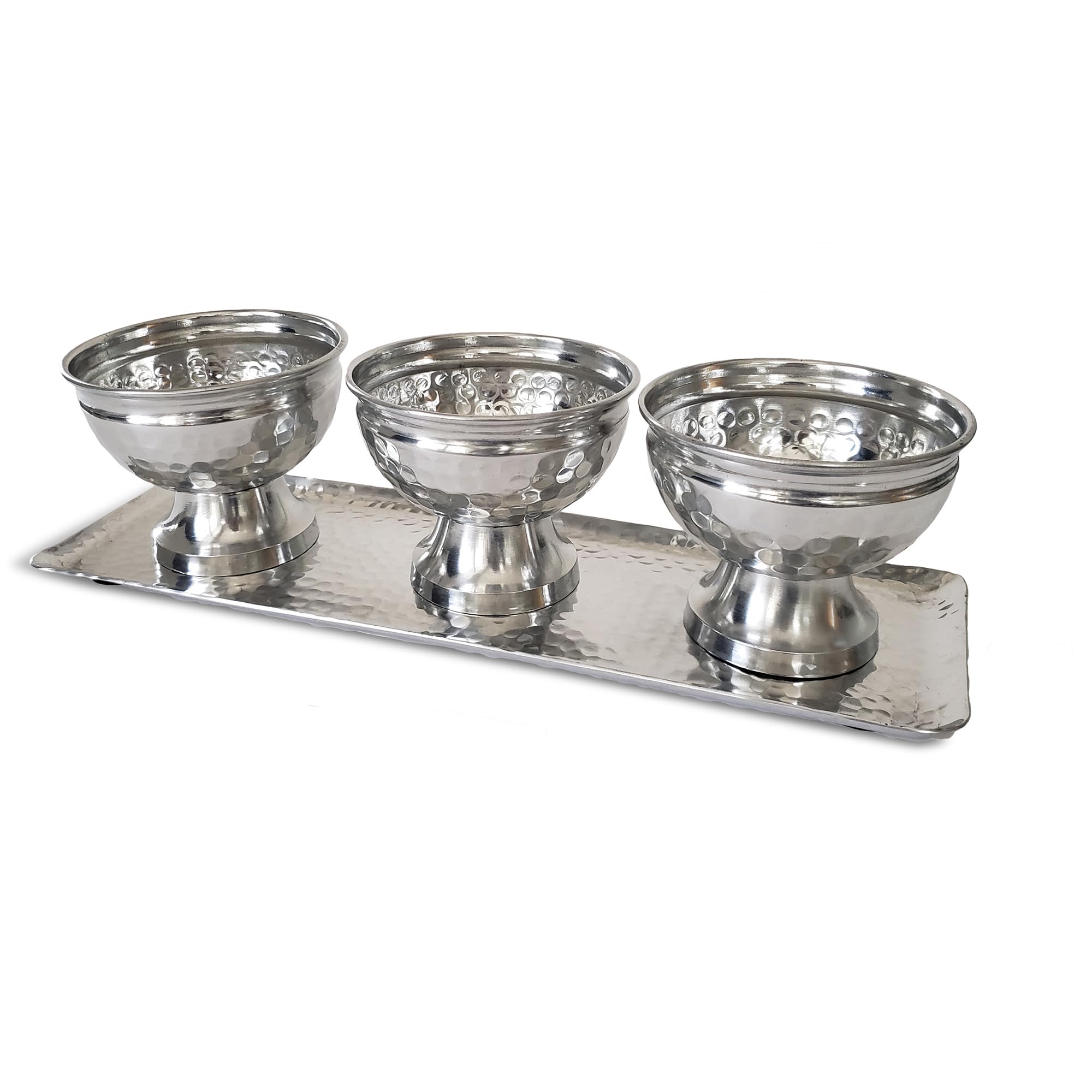 India Handicrafts 12826 Hammered Silver Tone 19 inch Aluminum Decorative Serving Tray with 3 Bowls