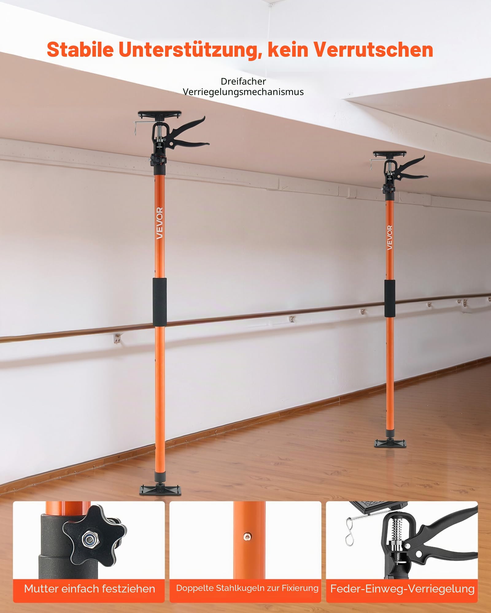 VEVOR Einhandstütze, 2 Stk., Deckenstütze 116–290cm, Teleskopstütze aus Stahl, Montagestütze bis zu 70kg Kapazität zum Installieren von Schränken, Anheben von Trockenbauwänden, Frachtstangen