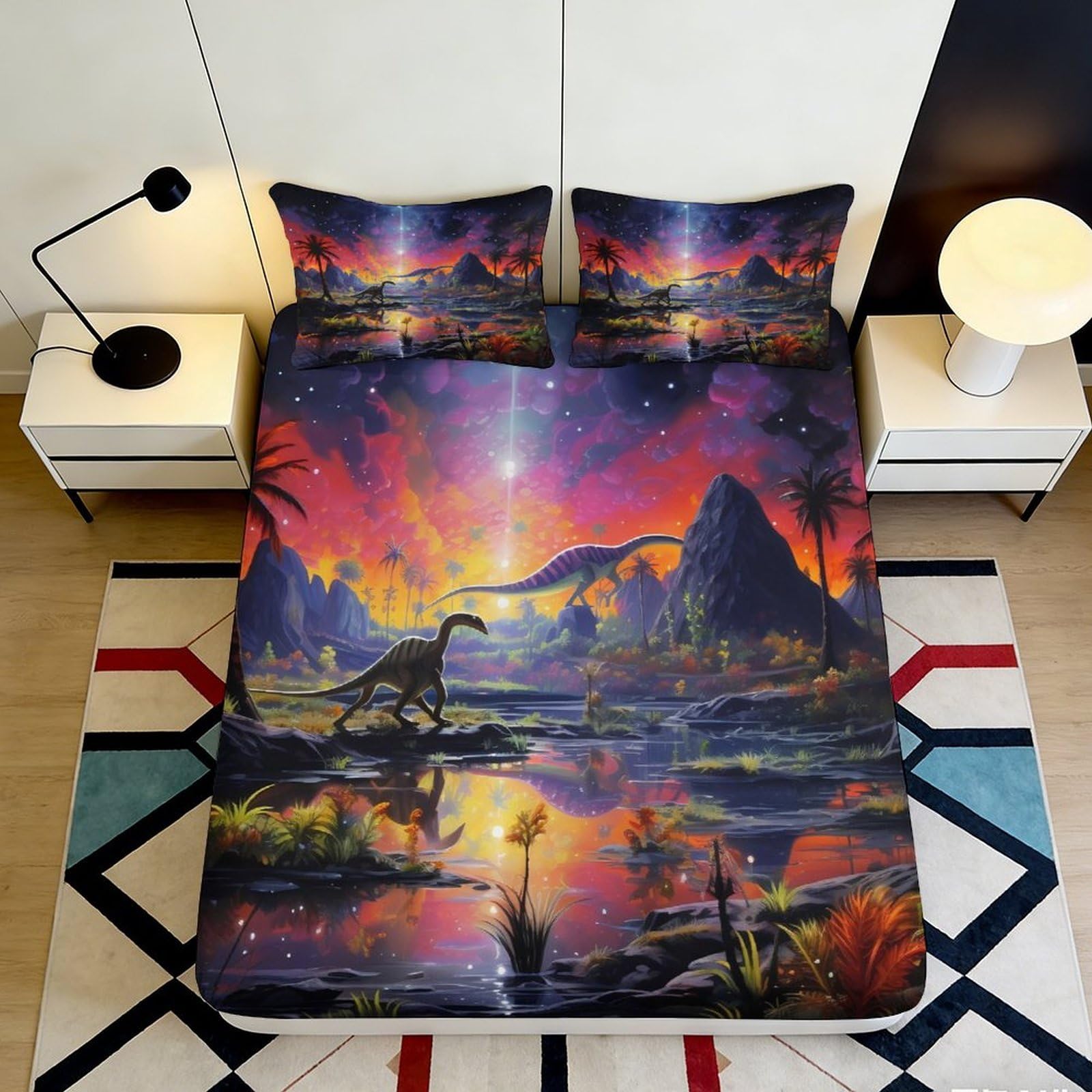3D Printed Sunset Dinosaur Fitted Sheet Microfiber Soft Breathable Volcano Landscape Mattress Cover for Bedroom Decor 90x200x25cm
