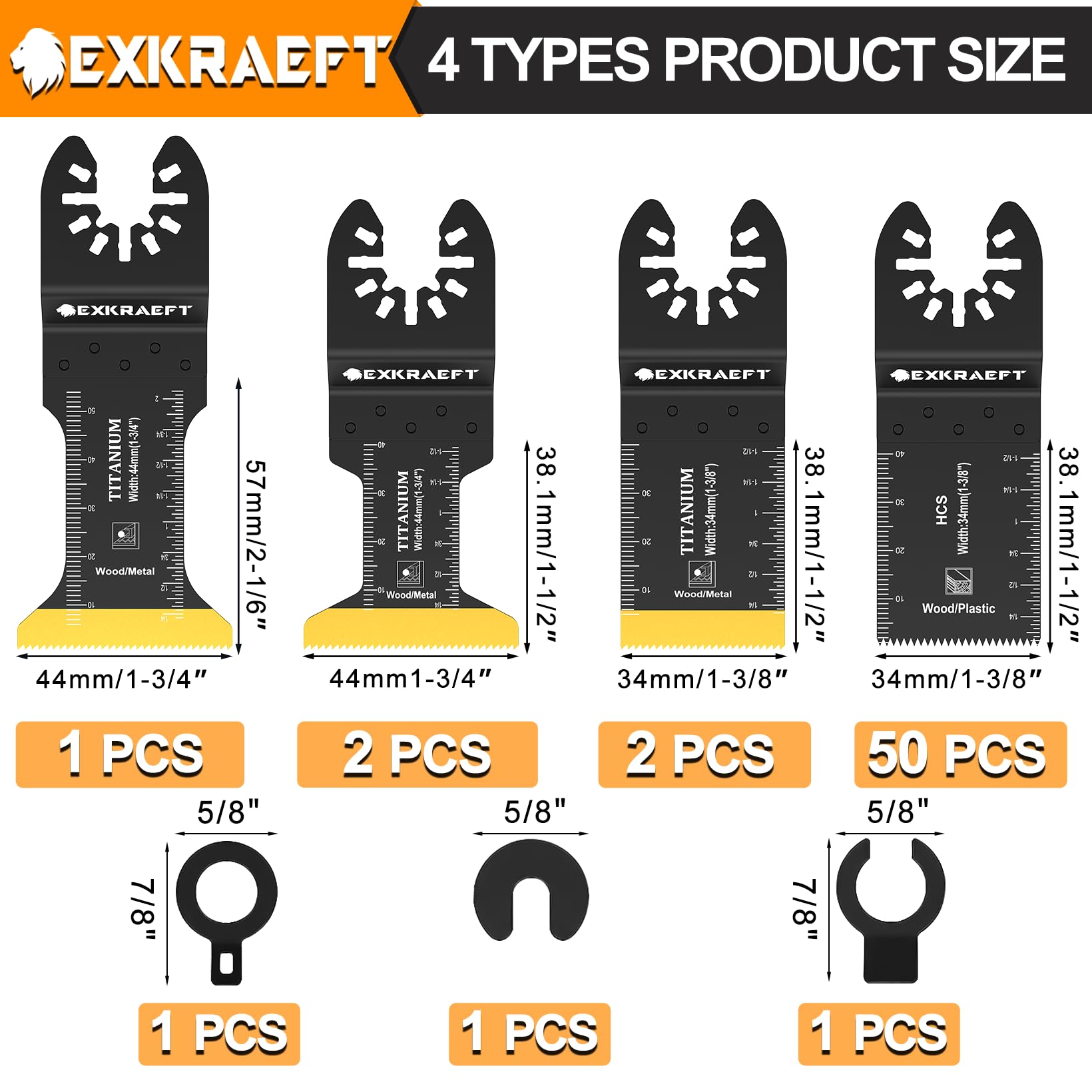 EXKRAEFT 55 hojas de sierra oscilantes, cuchillas oscilantes universales de titanio para clavos de metal, madera y plástico, kits de cuchillas multiherramienta compatibles con Dewalt Milwaukee Ryobi