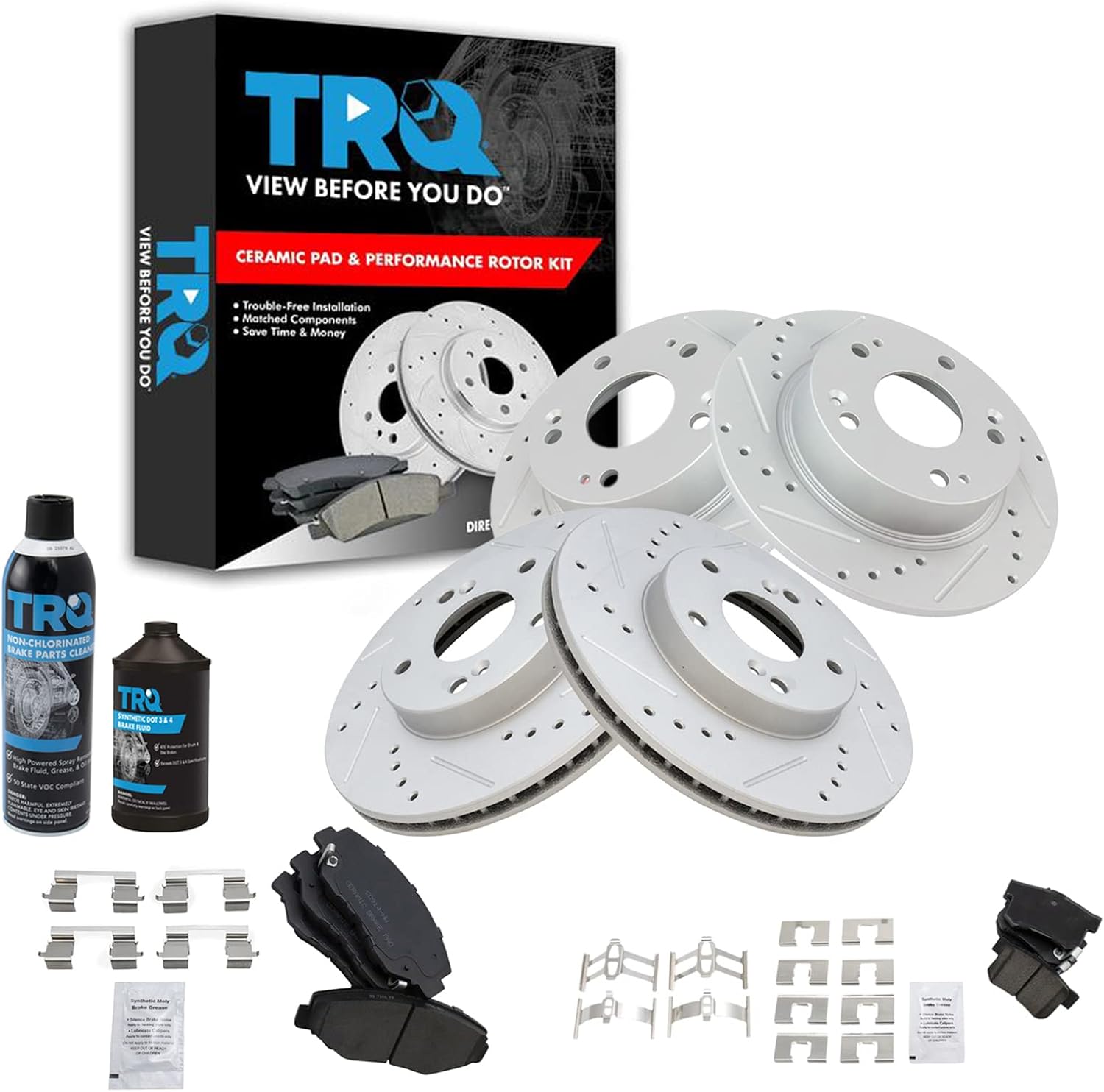 TRQ Front and Rear Performance Brake Pad & Rotor Kit Brake Chemical Kit Brake Pads Brake Rotors Set Ceramic Premium G-Coated Compatible with 2003-2007 Honda Accord