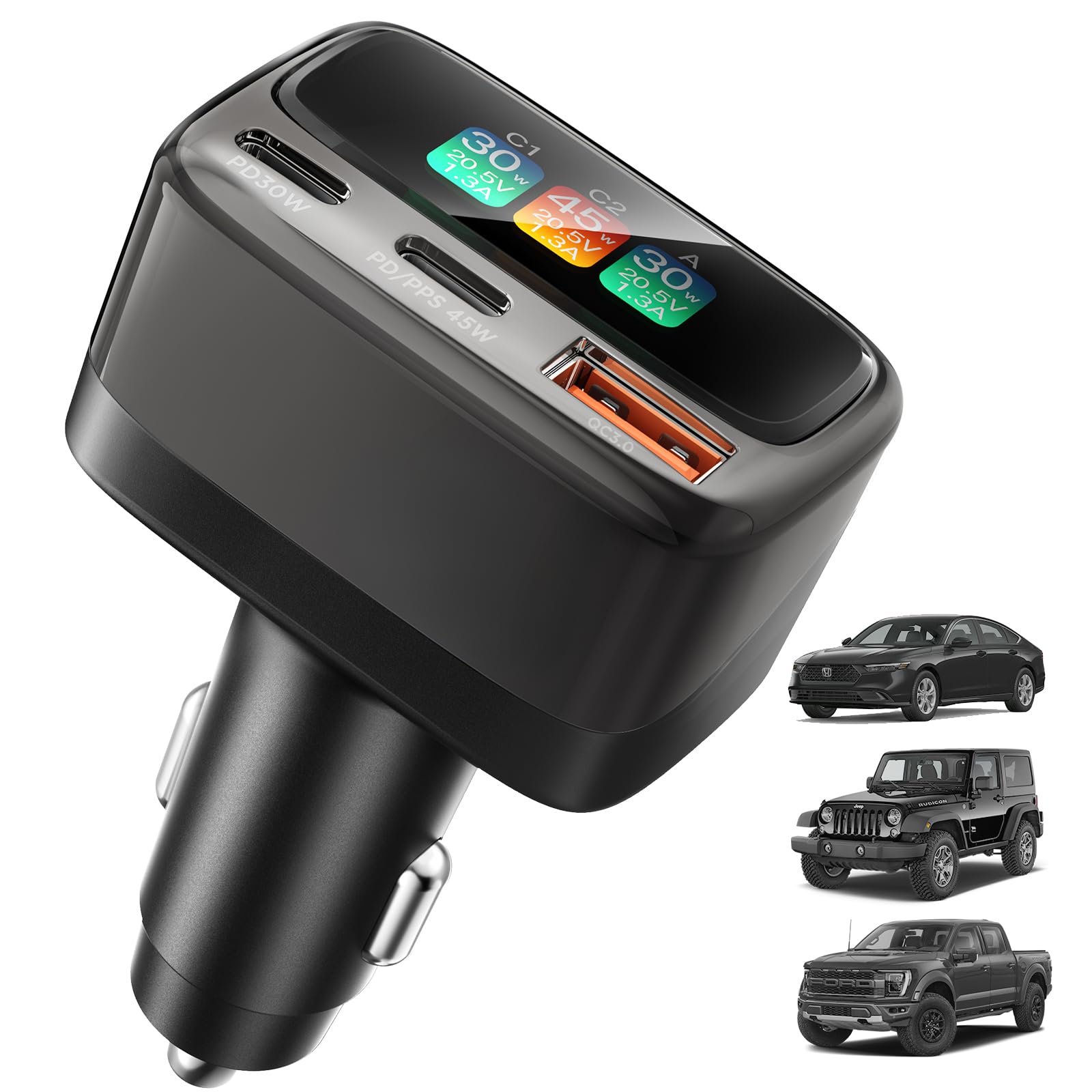 Chargeur de voiture USB C 105 W avec écran couleur numérique, adaptateur allume-cigare à 3 ports à charge rapide pour iPhone 17/16/15 Pro Max, Samsung S26, accessoires de voiture de voyage cadeaux