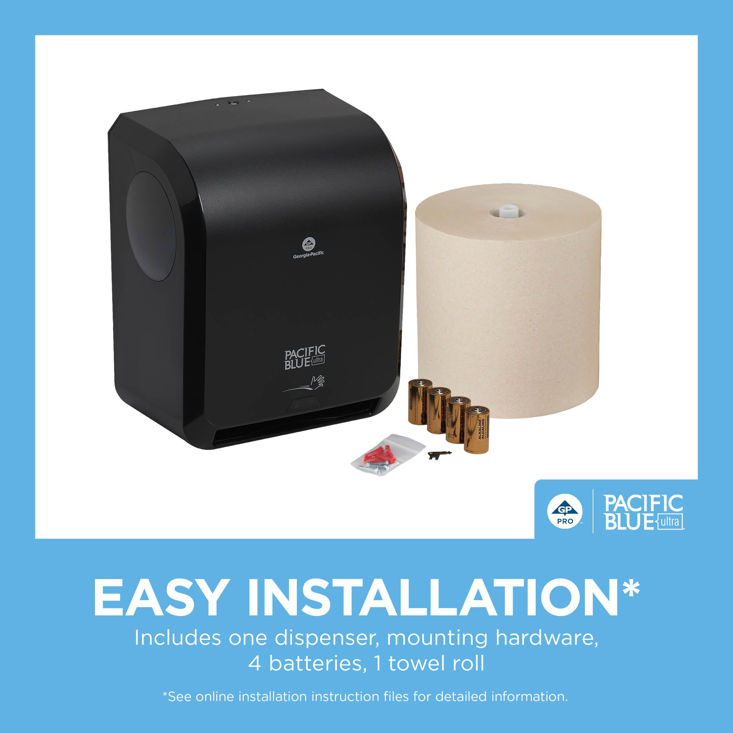 GP Pro (Georgia-Pacific), dispensador automático de Toallas de Papel sin Contacto de 8 Pulgadas, de Alta Capacidad, dispensador Negro (59590), 1 Rollo de Toalla marrón (26495)