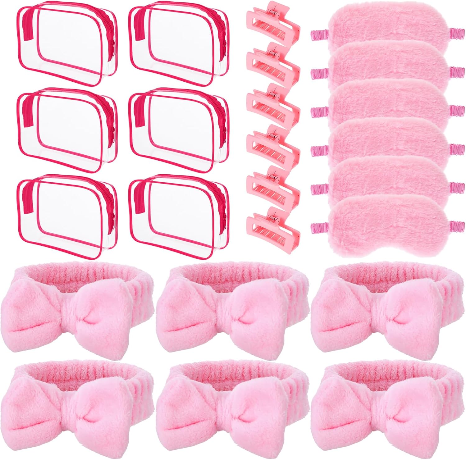 24 Pcs Pink Sleepover Party Supplies Include 6 Spa Headband Bulk 6 Plush Sleep Eye Mask 6 Hair Claw Clip 6 Clear Cosmetic Bags, Trip Bachelorette Sleep Over Slumber Spa Party Favors for Women