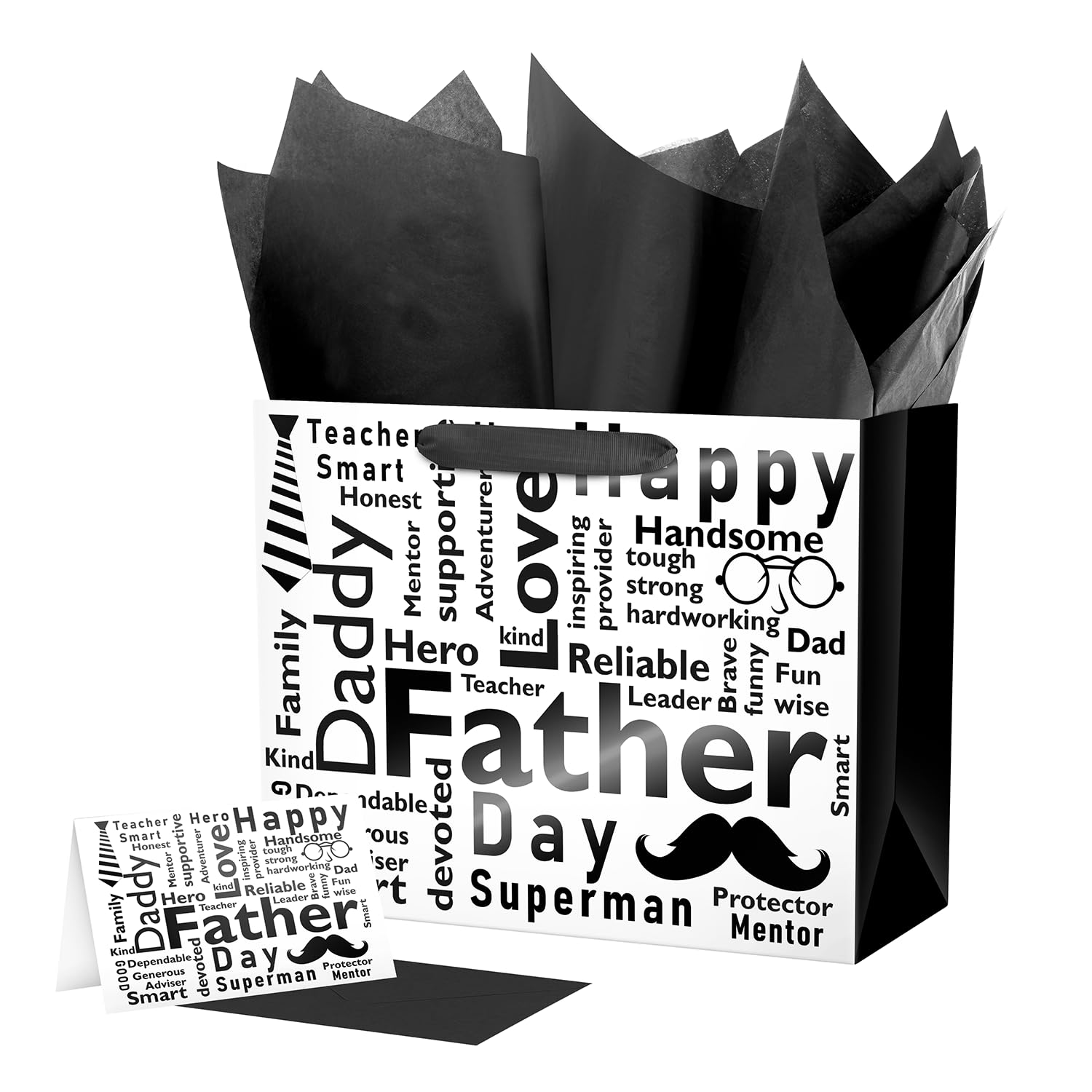Lyforpyton Large Father's Day Gift Bag with Tissue Paper and Card 12.6" Black and White Gift Bag for Father's Day