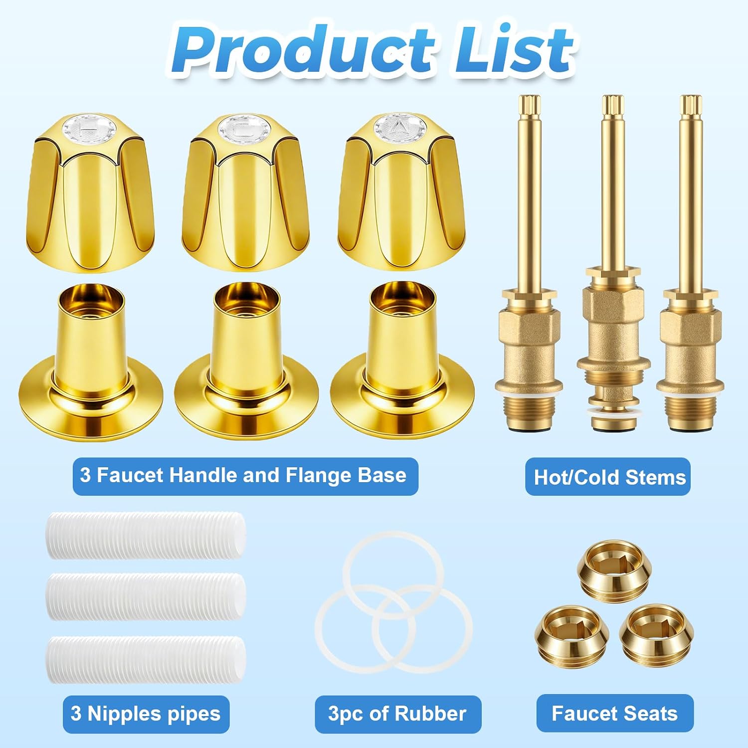 3 Piece Bathtub Shower Knob Replacement Kit Compatible with Price Pfister Verve and Windsor Tub/Shower Faucet Handle, Remodel/Rebuild Trim Kit with Diverter Hot & Cold Shower Knobs (Gold)