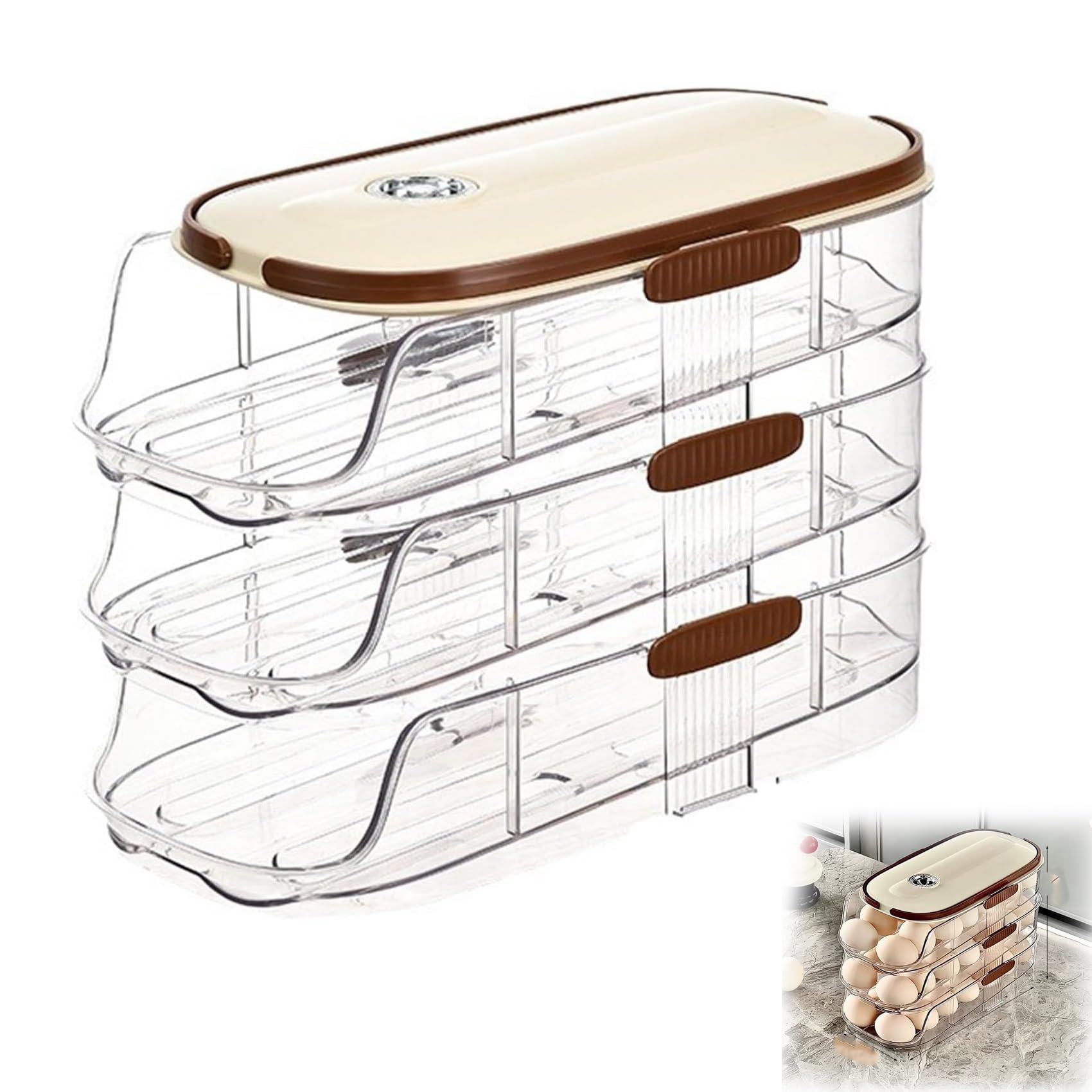 Tyscryphal Automatic Scrolling Egg Dispenser for Refrigerator, 3-Layer 42 Eggs Storage Container with Freshness Timer, Space Saving Rolling Egg Holder Box for Fridge, Pantry, Countertop