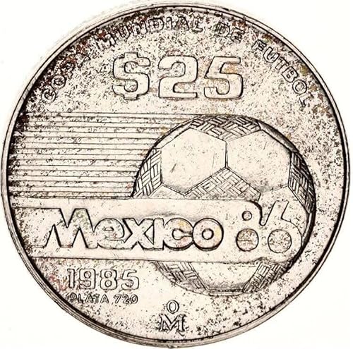 1985 Mo Mexican Soccer Cup 25 Peso Silver Coin, Circulated