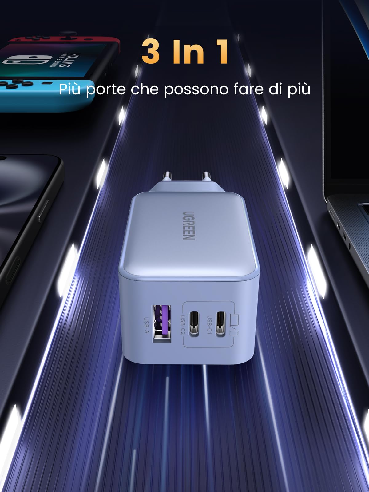 UGREEN Nexode 65W Caricatore USB C GaN Tech 3 Porte, Caricabatterie Type C Compatibile con MacBook Air, iPhone 16/15/14/13, iPad, Samsung Galaxy S24/ S23/ S22, Google Pixel 7 Pro Blu