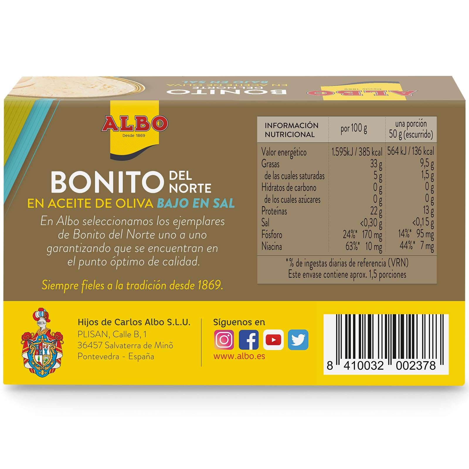 Albo Bonito Del Norte en Aceite de Oliva Bajo en Sal, 82g