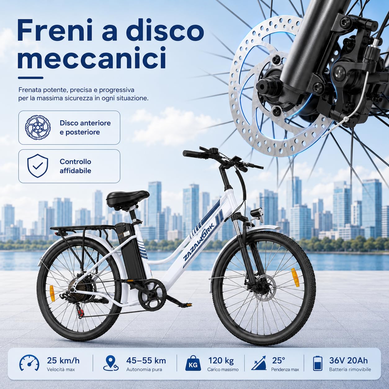 Bici Elettrica Uomo Donna 26 Pollici, E-Bike City con Motore 250W e Batteria 36V 20Ah, Autonomia 120km, Cambio 7 Velocità, Freni a Disco, Bicicletta Elettrica Economica