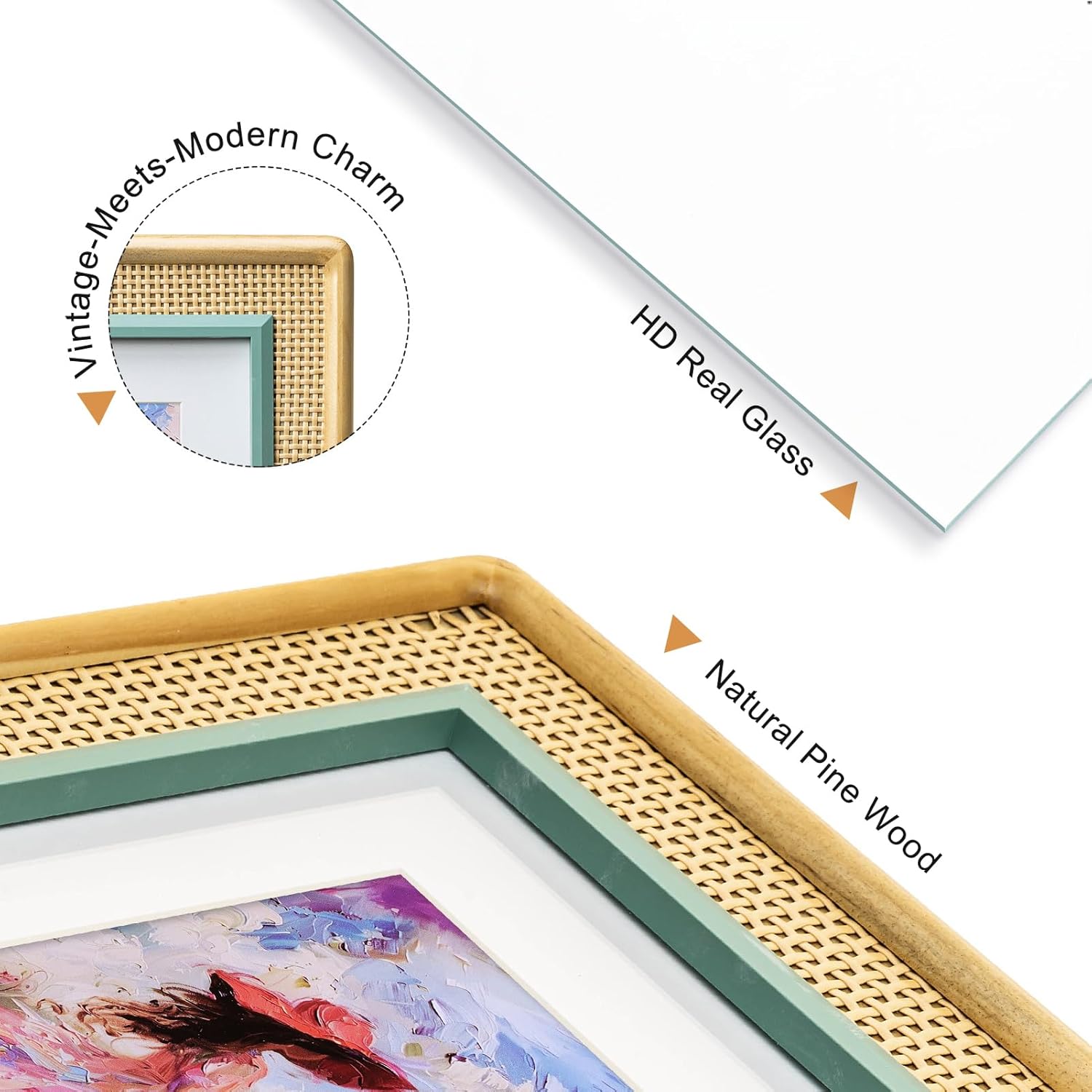 8x10 Picture Frame with Rattan & Mat, Bohemian Style in Natural Pine Wood and Turquoise with Real Glass - for 5x7 & 8x10 Photos, Desk or Wall Hanging Display